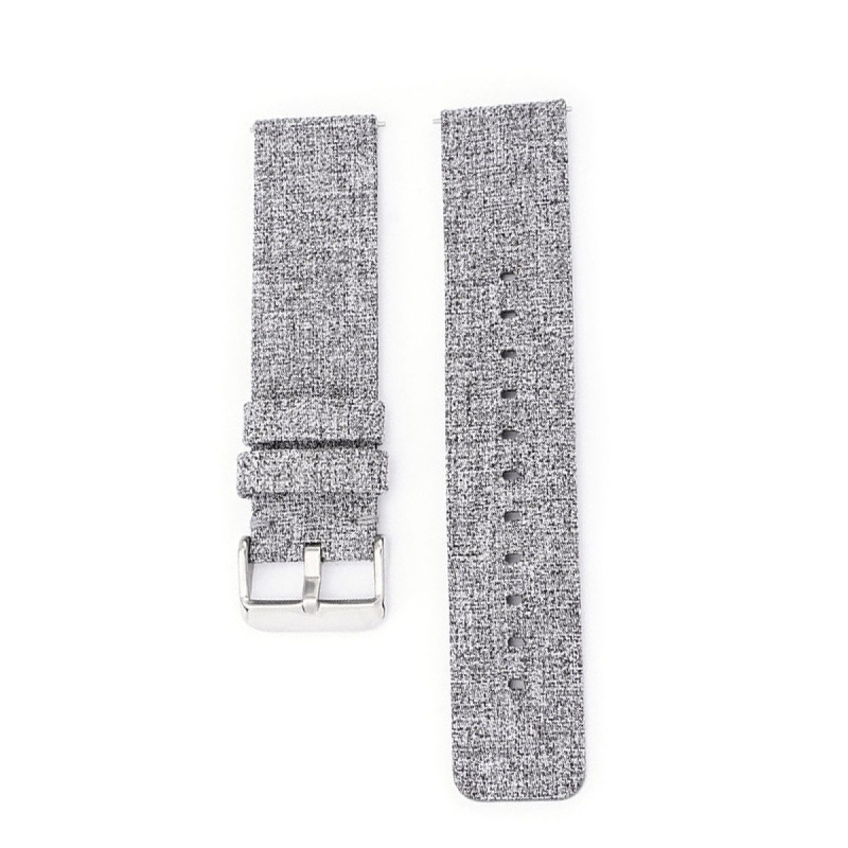 Due cinturini per orologi in tessuto grigio con fibbie argentate, esposti su una superficie bianca. Design minimalista.