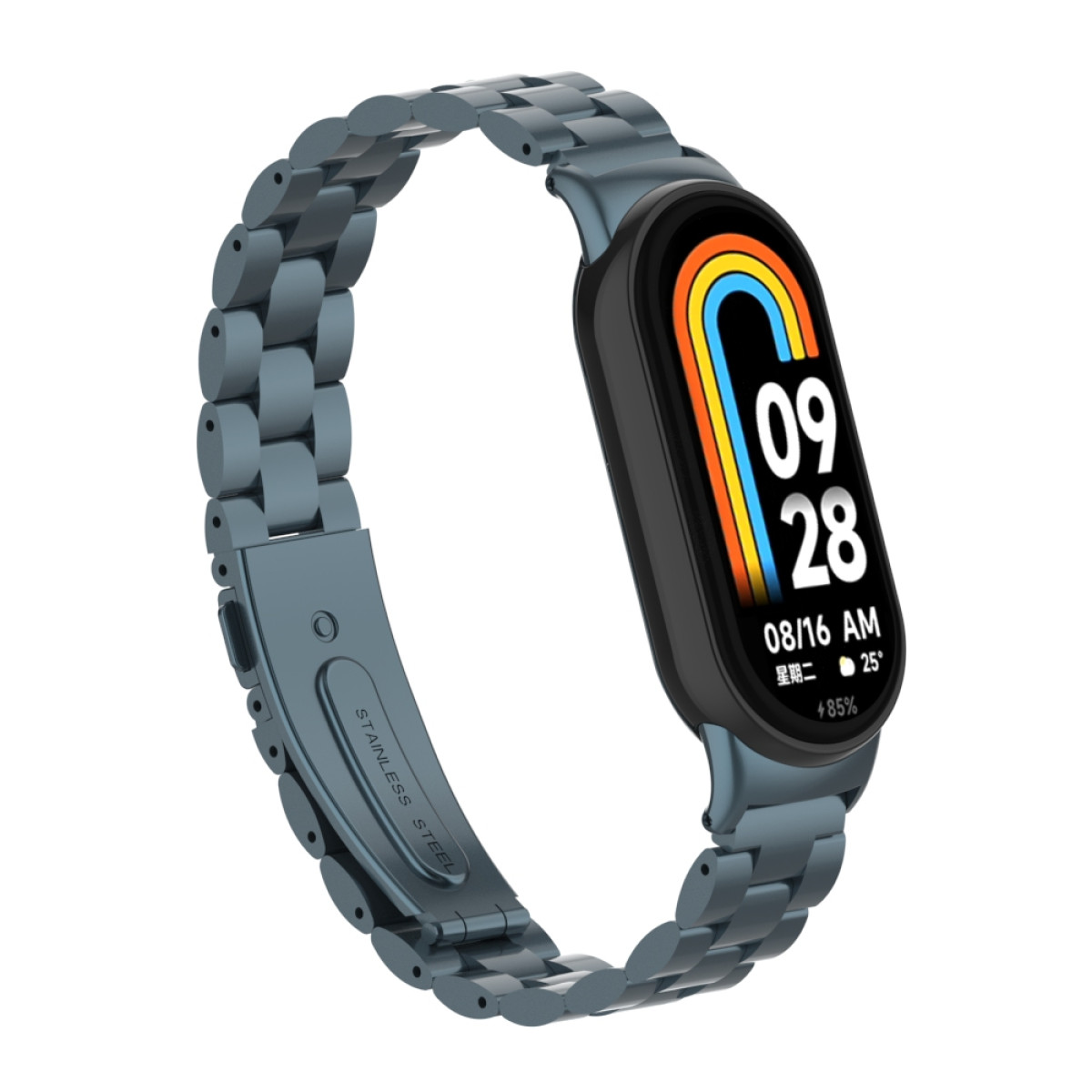 Cinturino blu in metallo con orologio, che mostra ora e data. Testo acciaio inossidabile.
