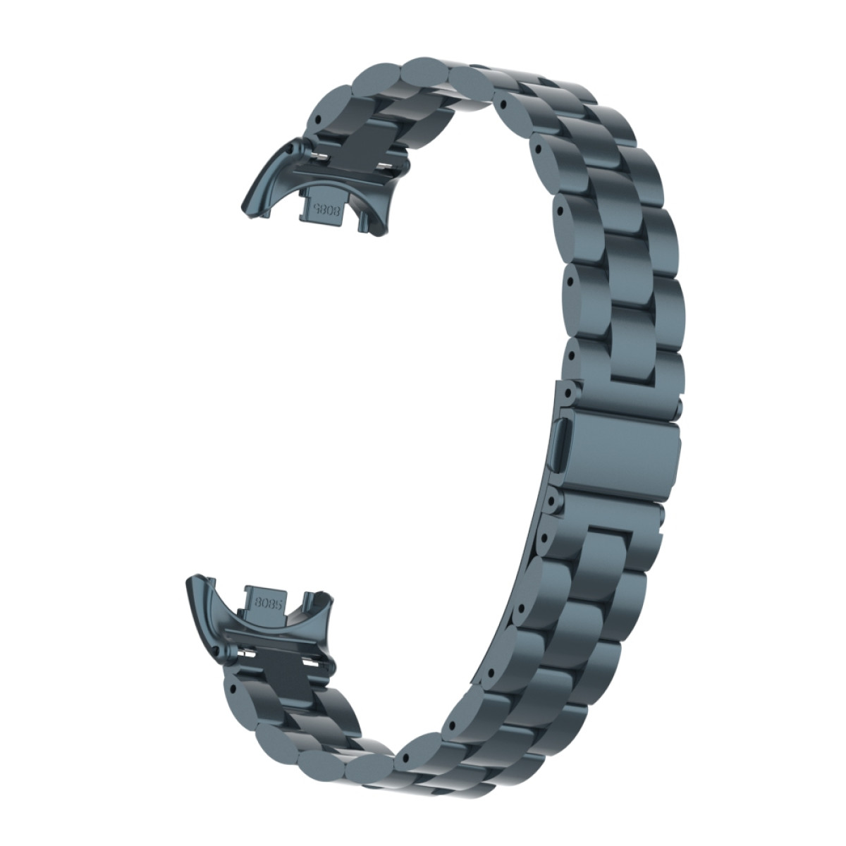 Cinturino d'orologio argentato, composto da maglie metalliche collegate, con il nome del marchio su ciascuna estremità.