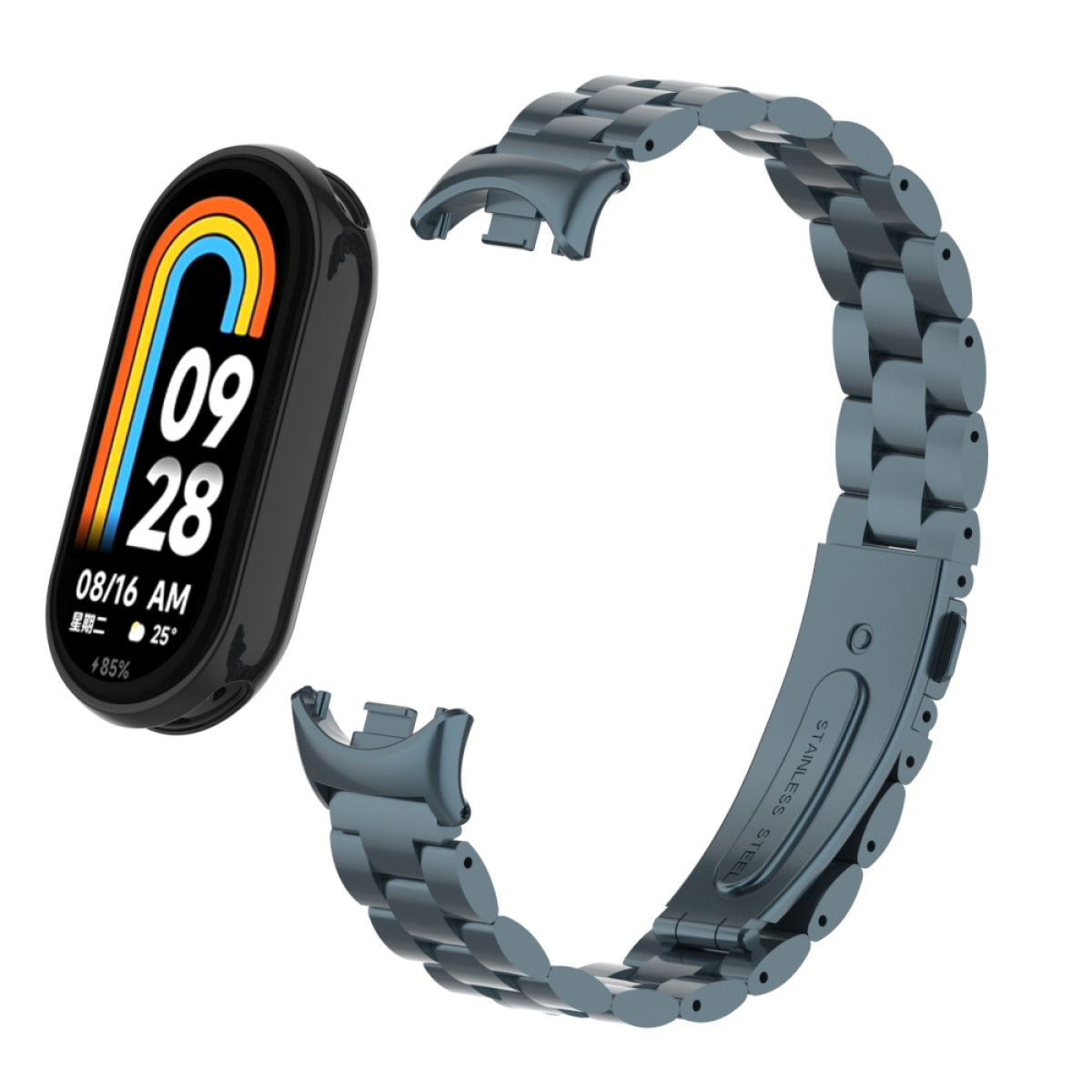 Cinturino blu in metallo con orologio, che mostra ora e data. Testo acciaio inossidabile.