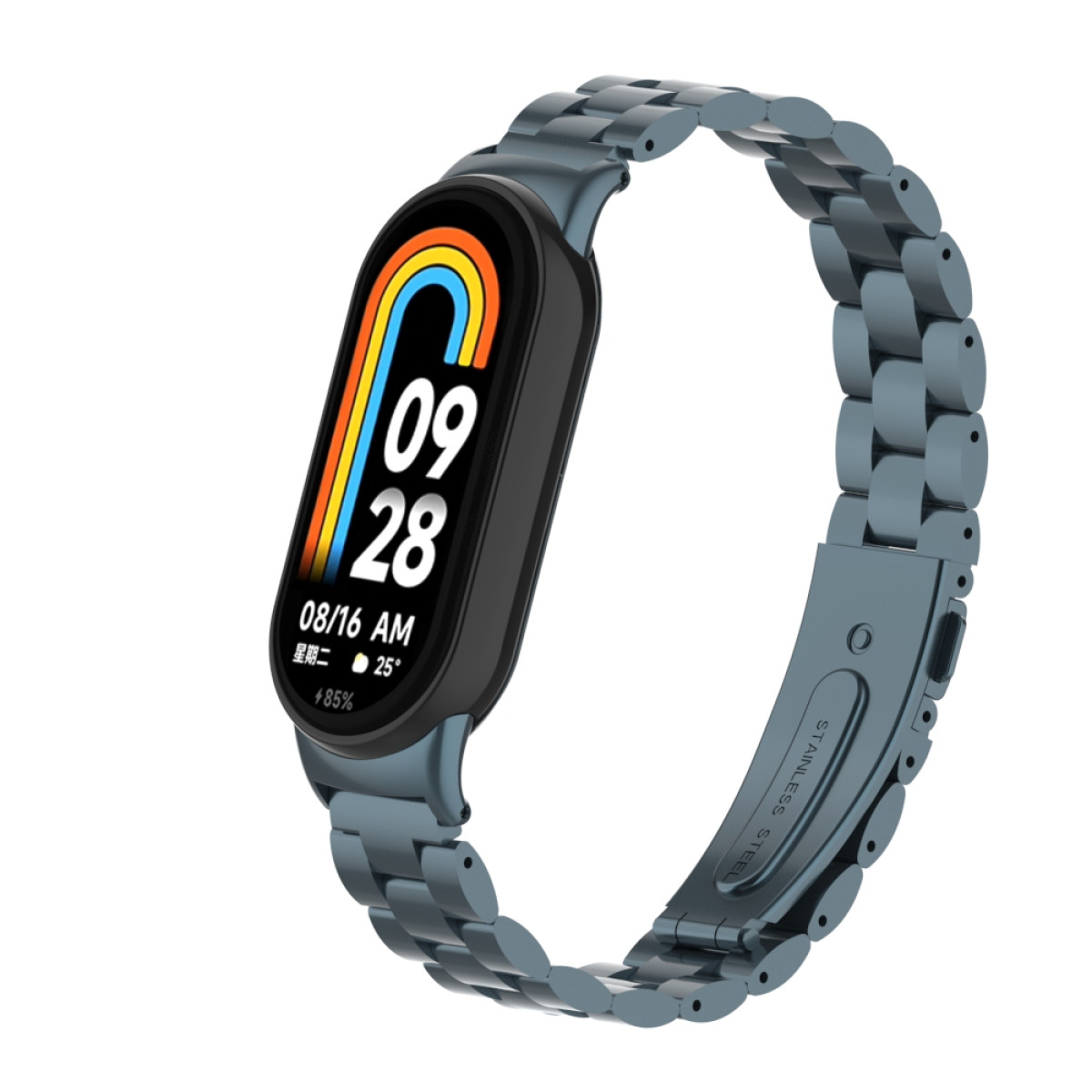 Uno smartwatch blu che mostra data e ora, con cinturino in metallo blu, su sfondo bianco.