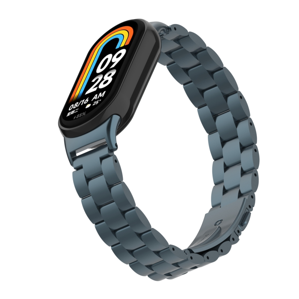 Uno smartwatch blu con cinturino in metallo che mostra ora e data, isolato su bianco.