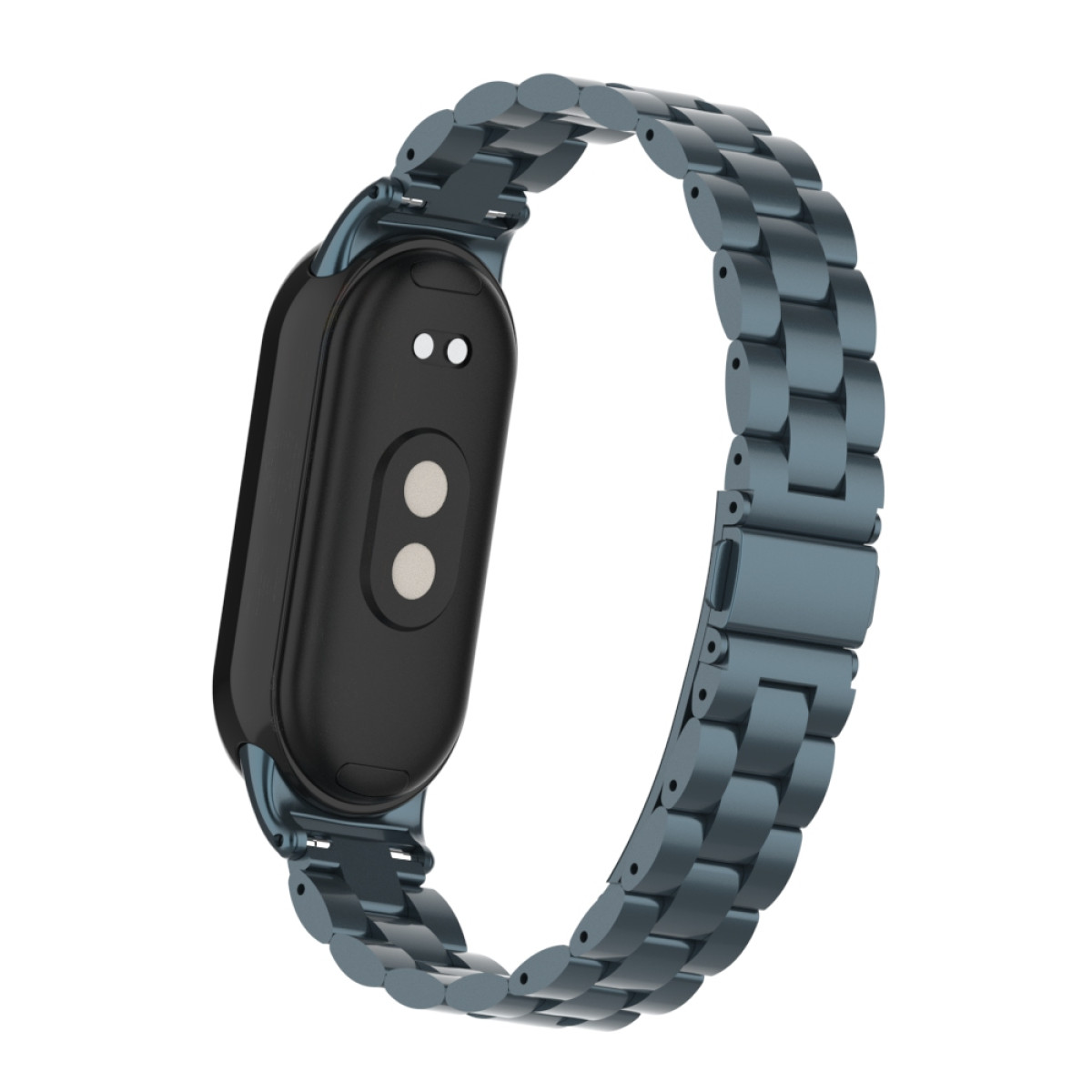 Il retro di uno smartwatch nero con cinturino in metallo blu, isolato su sfondo bianco.