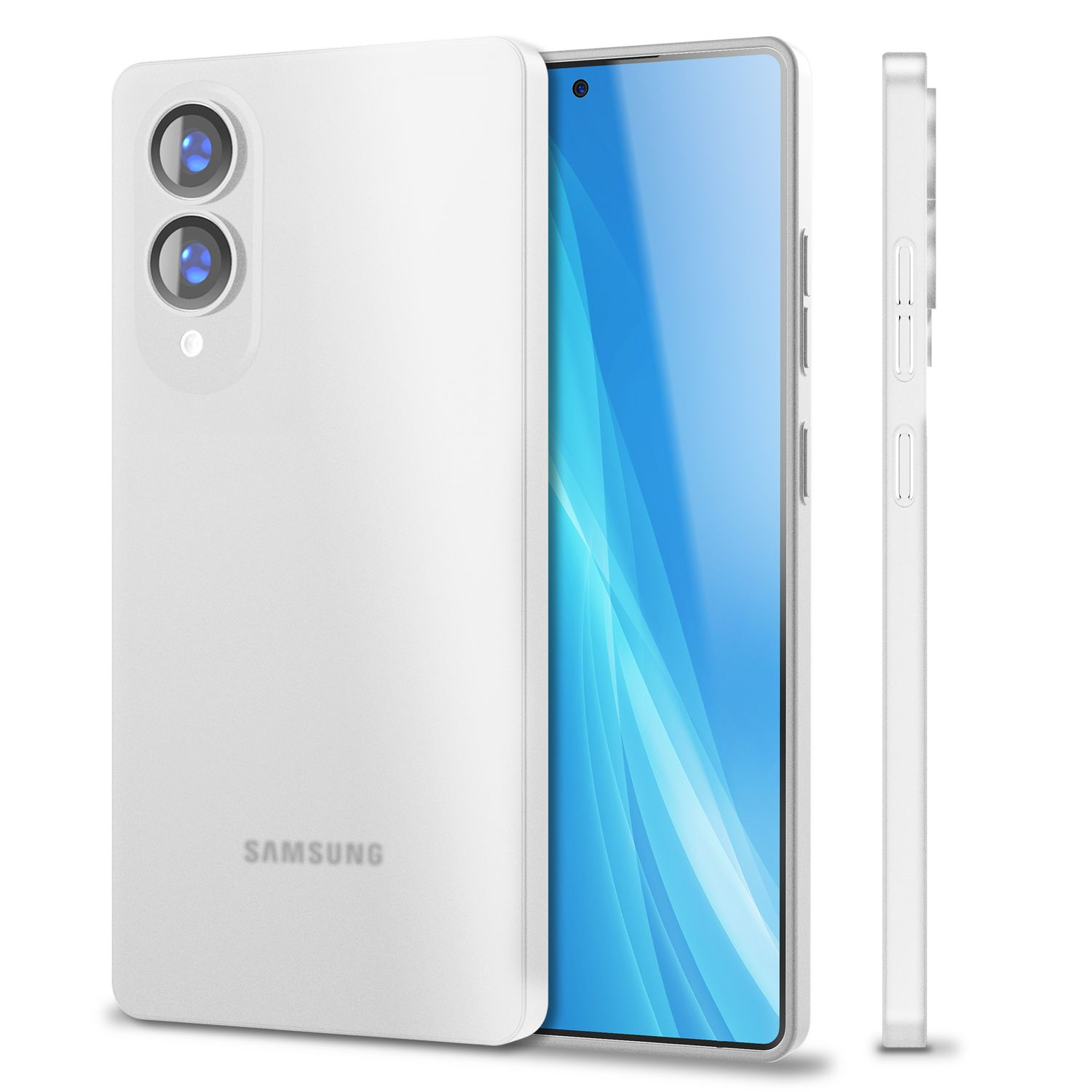 Ein weißes Smartphone mit zwei Kameras auf der Rückseite, drei Seiten sind sichtbar.