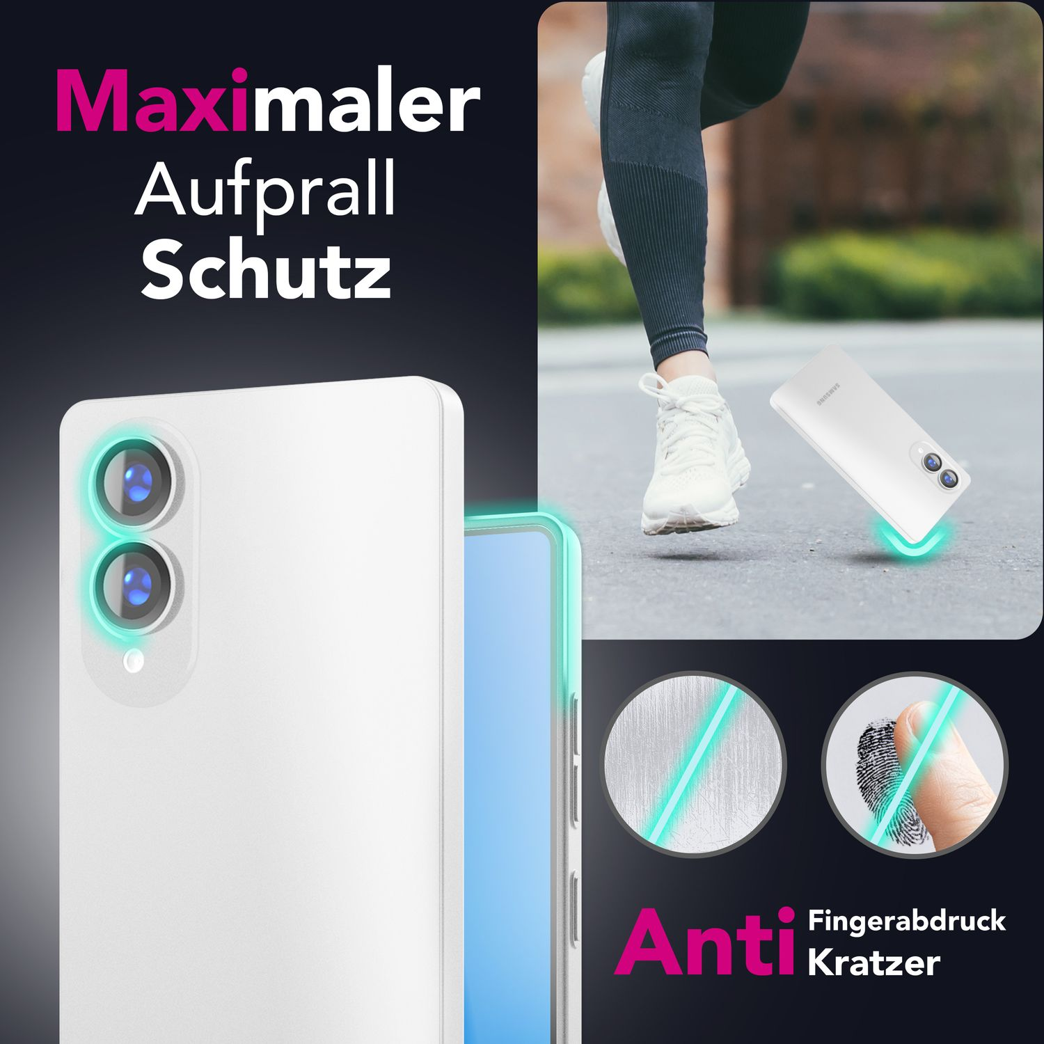 Eine weiße Handyhülle schützt ein Telefon, während eine Person rennt. Text beschreibt Anti-Fingerabdruck- und Anti-Kratzer-Funktionen.