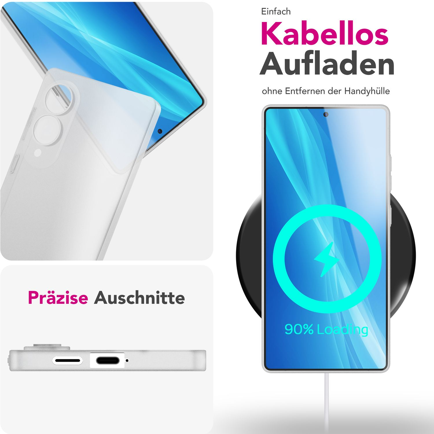 Ein Telefon wird kabellos auf einer Unterlage geladen. Die Hülle ist transparent und das Telefon darin. Das Telefon zeigt 90% Aufladung.