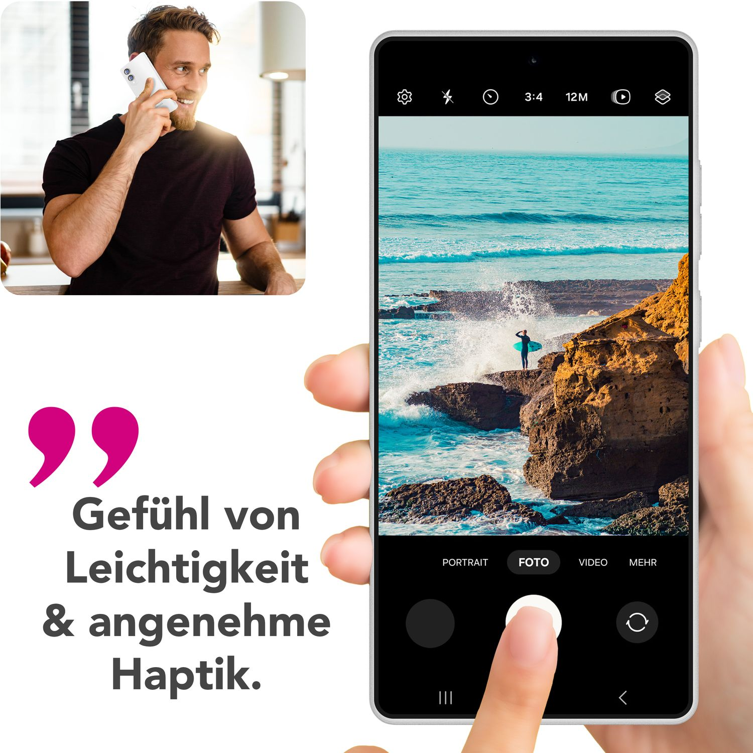 Mann telefoniert, Telefon zeigt Ozeanszene. Text auf Deutsch.