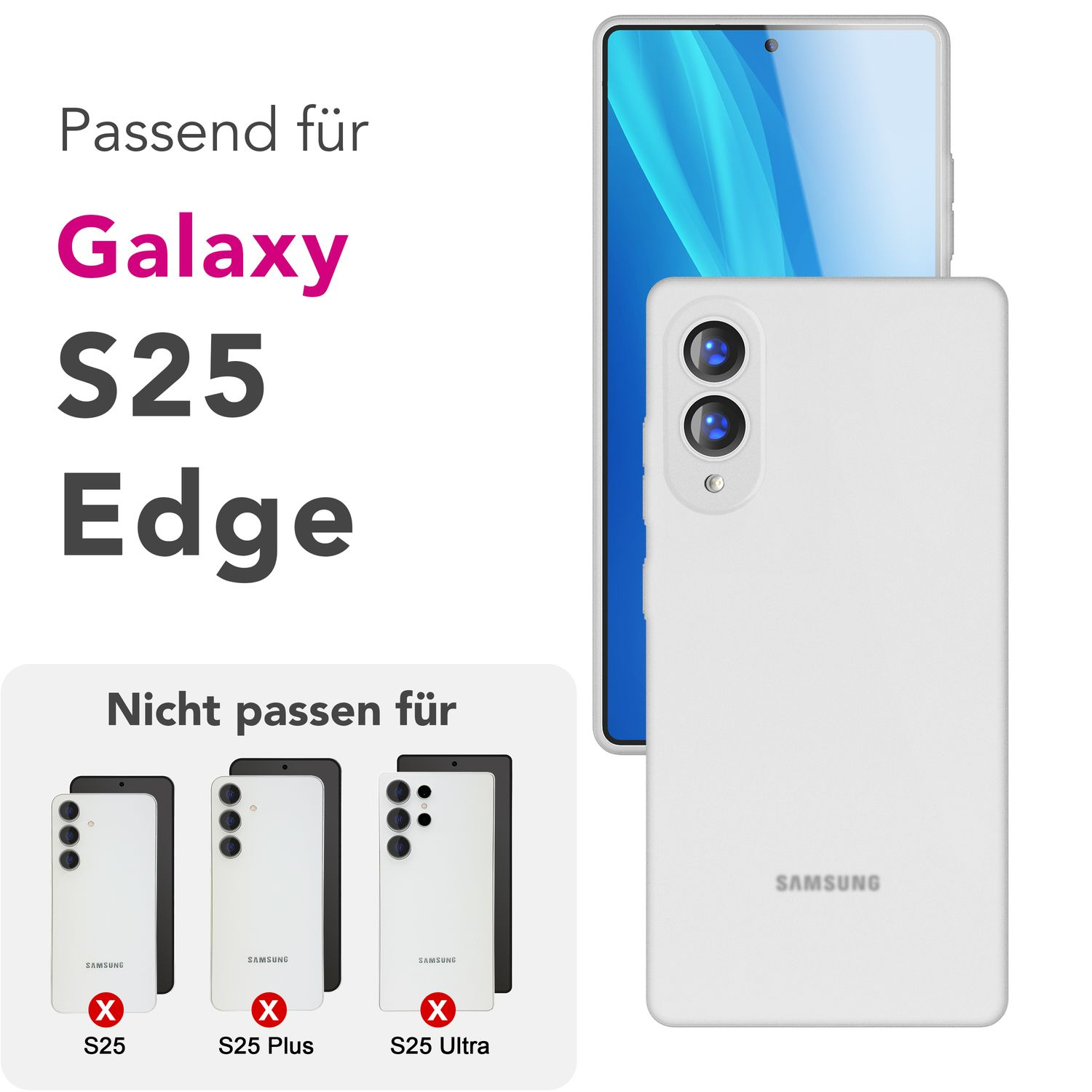 Ein weißes Telefon mit dem Text 'Galaxy S25 Edge' wird neben einer Handyhülle angezeigt. Drei weitere Modelle sind durchgestrichen.