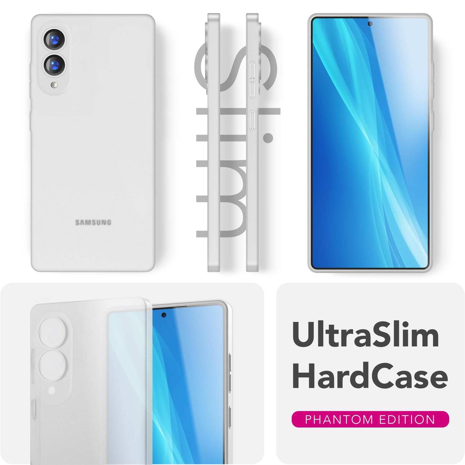Ein weißes Telefon und seine Hülle werden aus verschiedenen Winkeln gezeigt. Die Hülle ist mit 'UltraSlim HardCase - Phantom Edition' beschriftet.