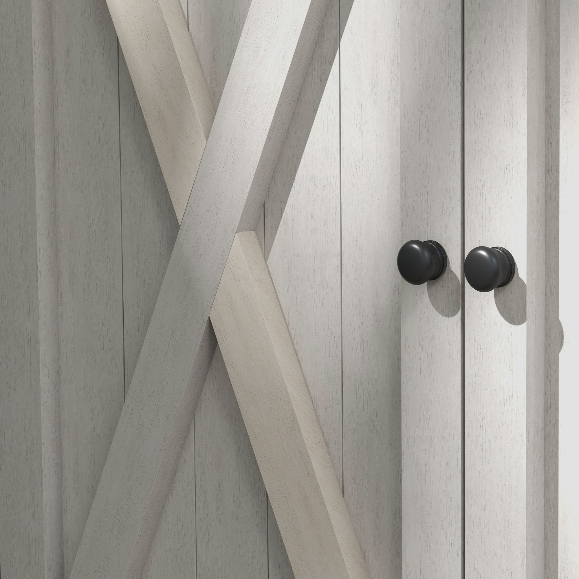 Weiße Holzschranktüren mit X-förmigem Design und schwarzen runden Türgriffen.