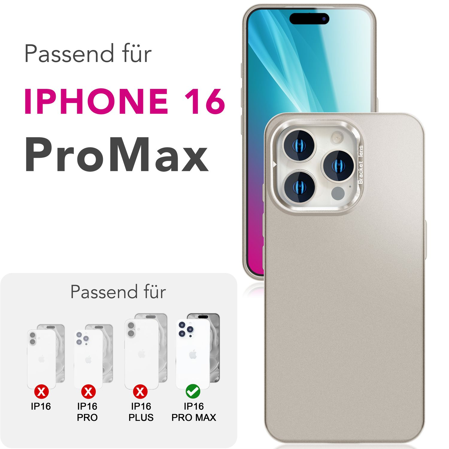 Eine Handyhülle und ein Telefon, die das Design der Hülle und die Kompatibilität mit dem iPhone 16 Pro Max und anderen Modellen zeigen.