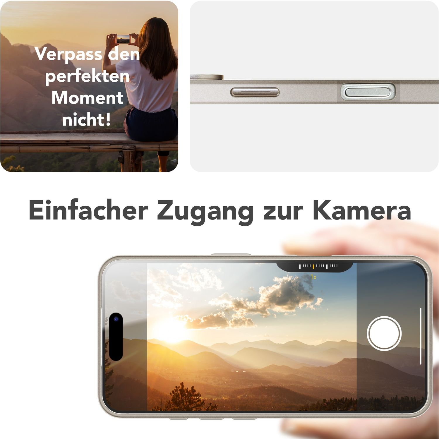 Collage von Bildern: Frau, die ein Telefon benutzt, um ein Foto von einer Landschaft zu machen, und Telefon mit Kamerazugang.