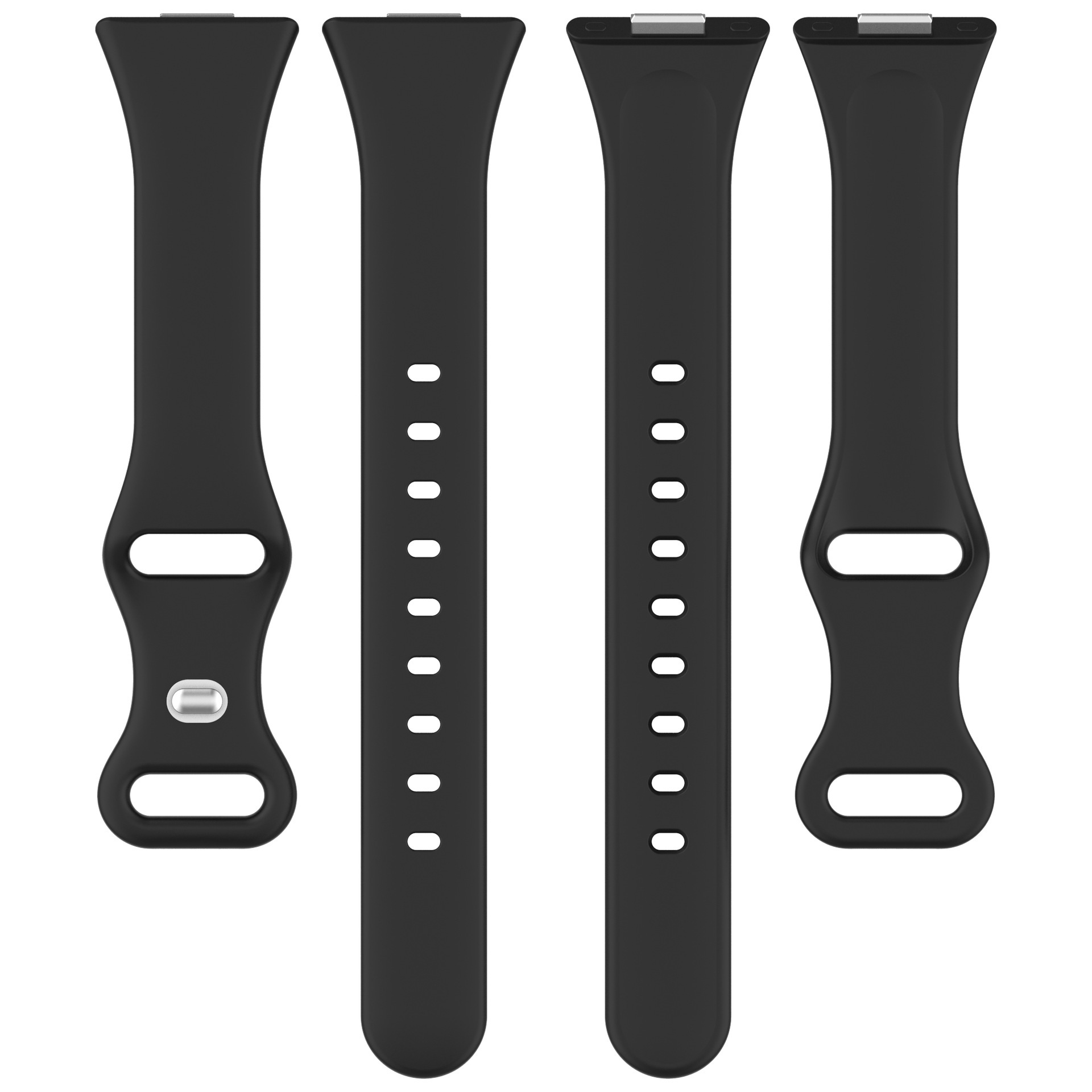 Vier schwarze Uhrenarmbänder. Die Armbänder sind aus Silikon und haben Löcher zur Einstellung.