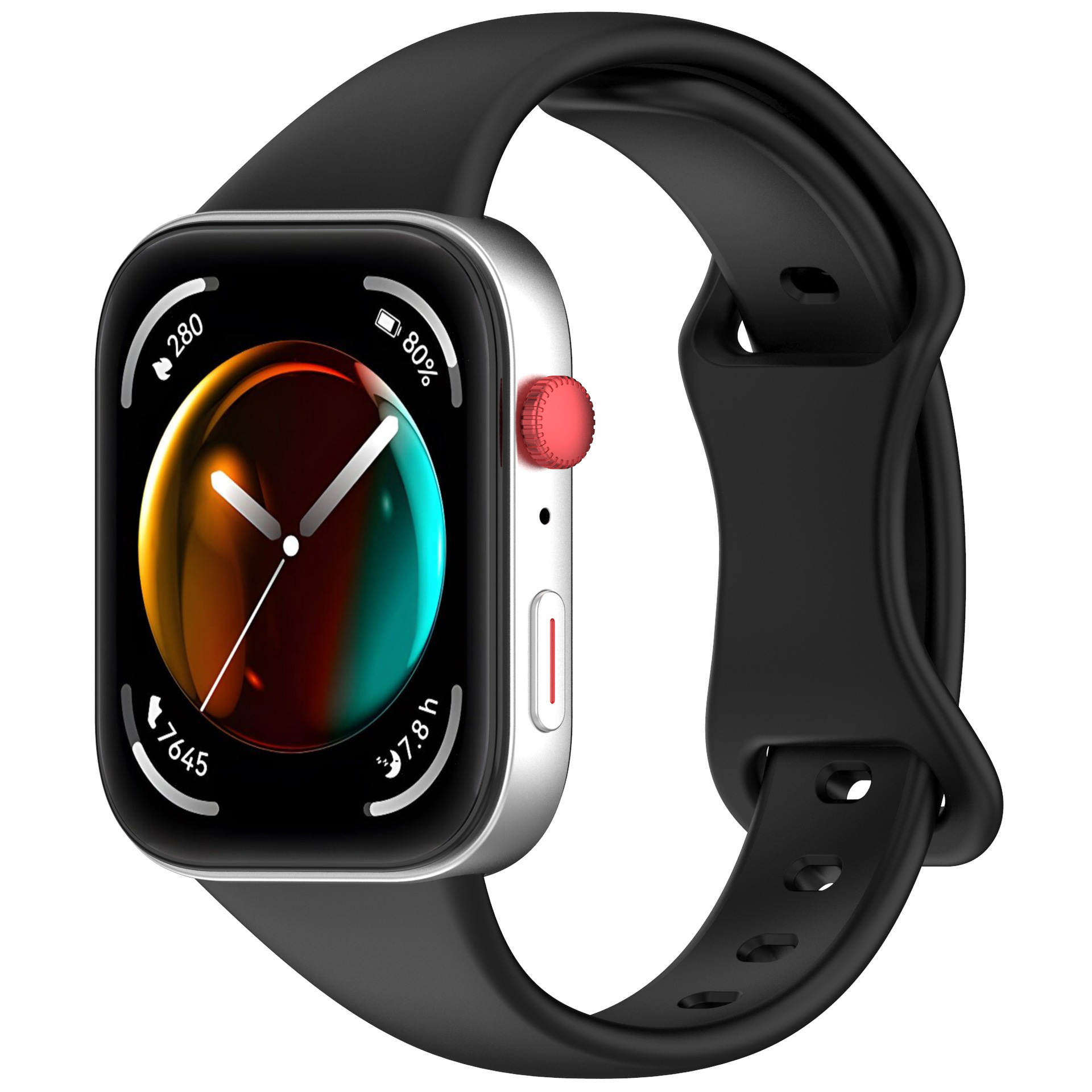 Silberne Smartwatch mit schwarzem Armband. Der Bildschirm zeigt ein Zifferblatt mit rotem Knopf.