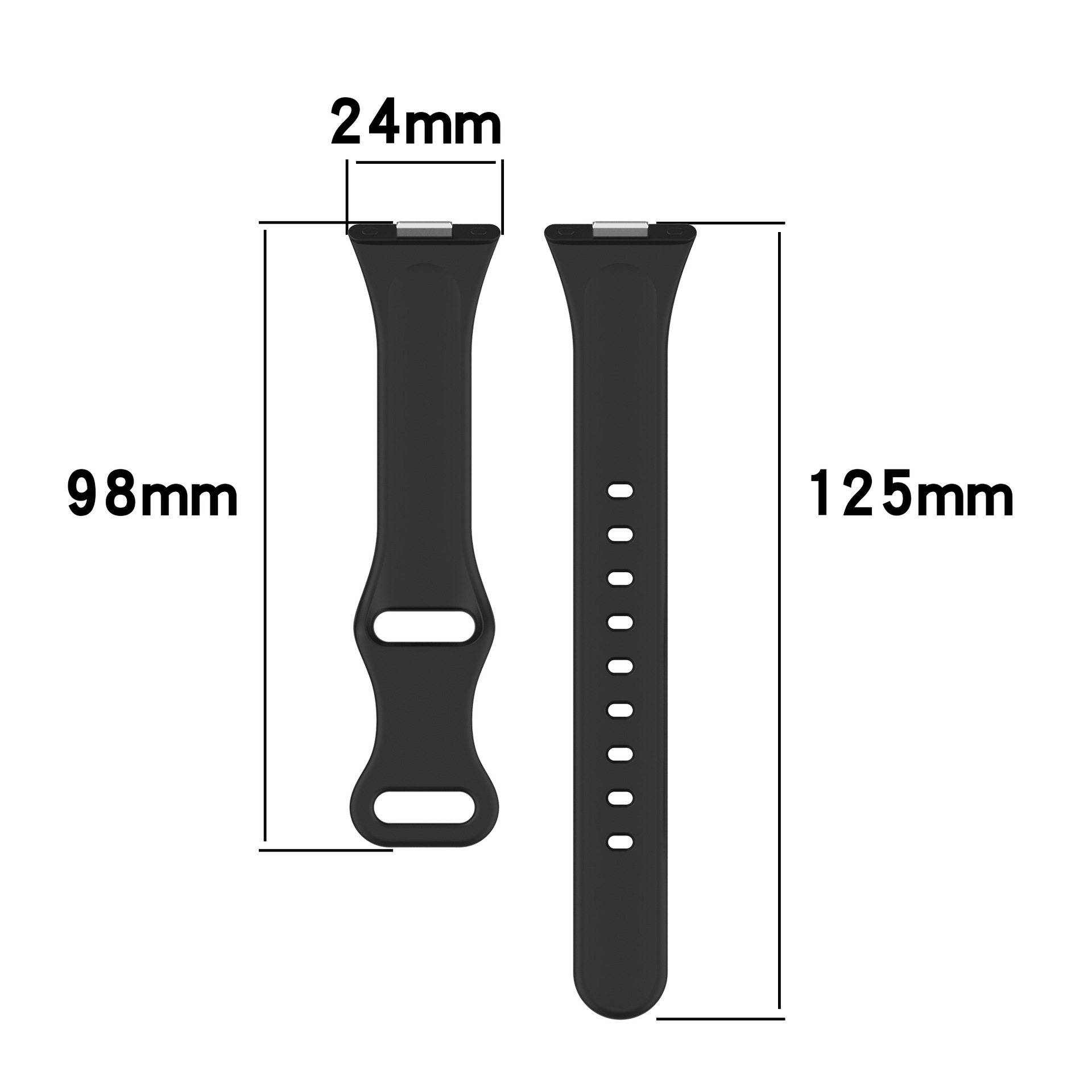 Schwarze Uhrenarmbandteile. Eines ist 98 mm, das andere 125 mm. Die Breite beträgt 24 mm. Maße in Weiß.