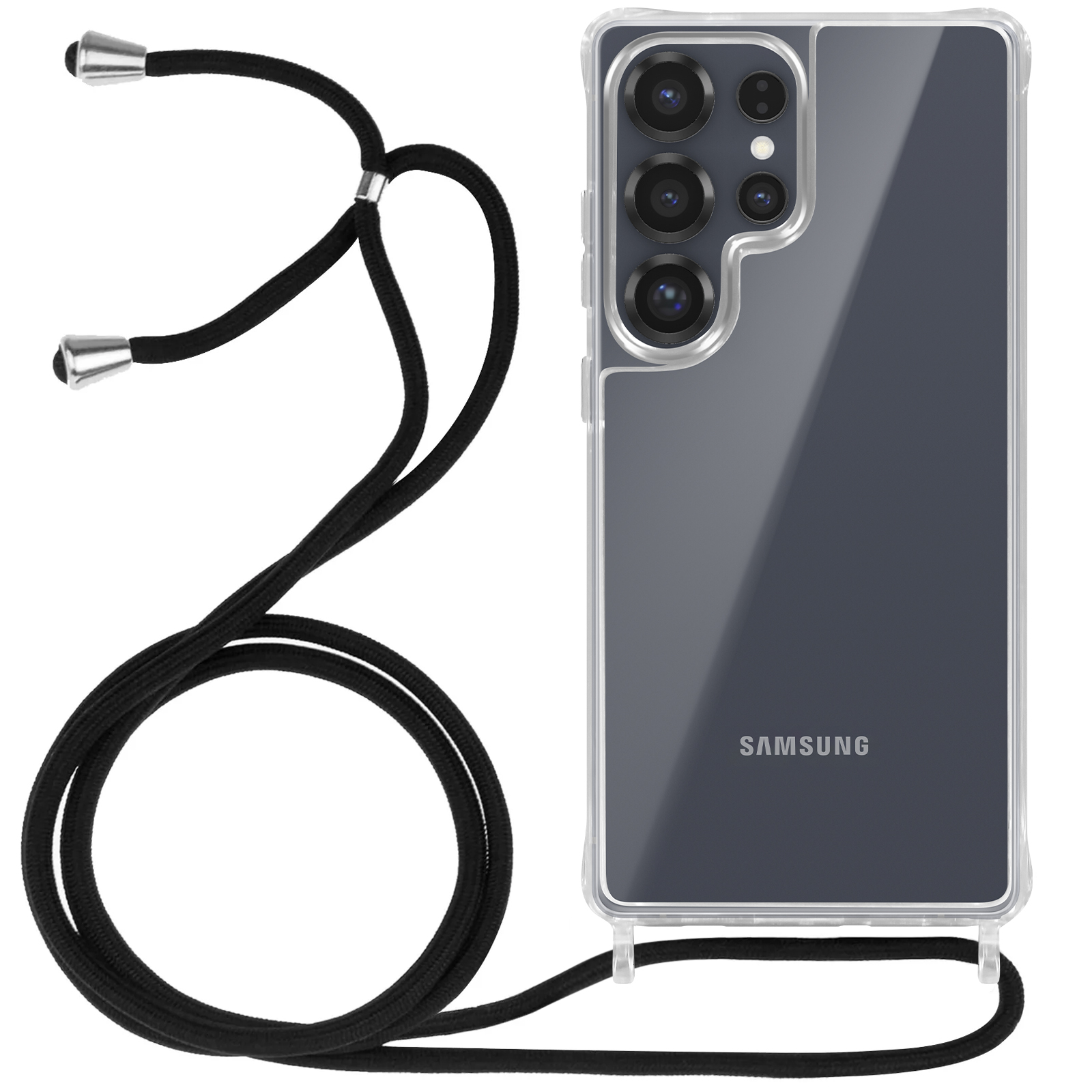 Custodia trasparente con cinturino nero, tripla fotocamera e logo Samsung.