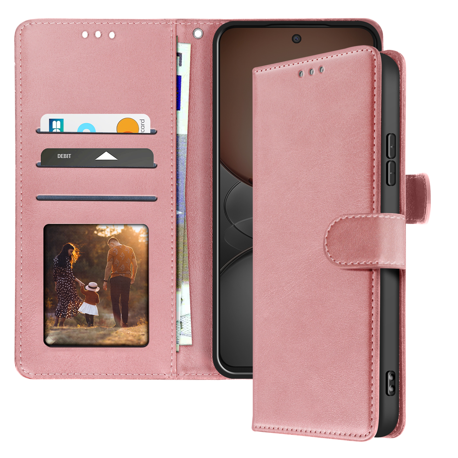 Custodia rosa con design a portafoglio, slot per carte e foto di famiglia.