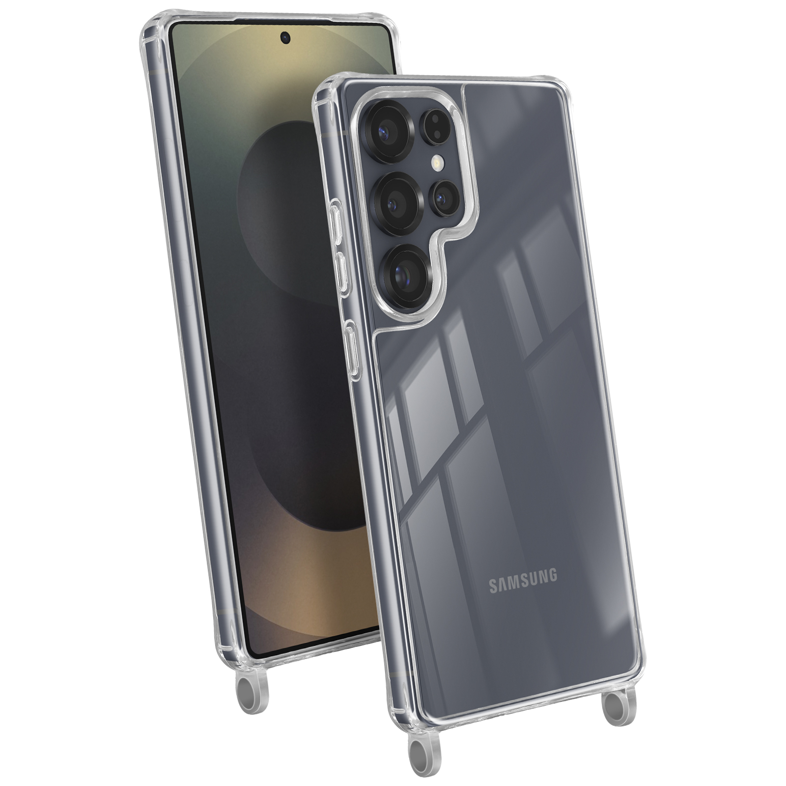 Custodia trasparente con tripla fotocamera e logo Samsung sul retro.