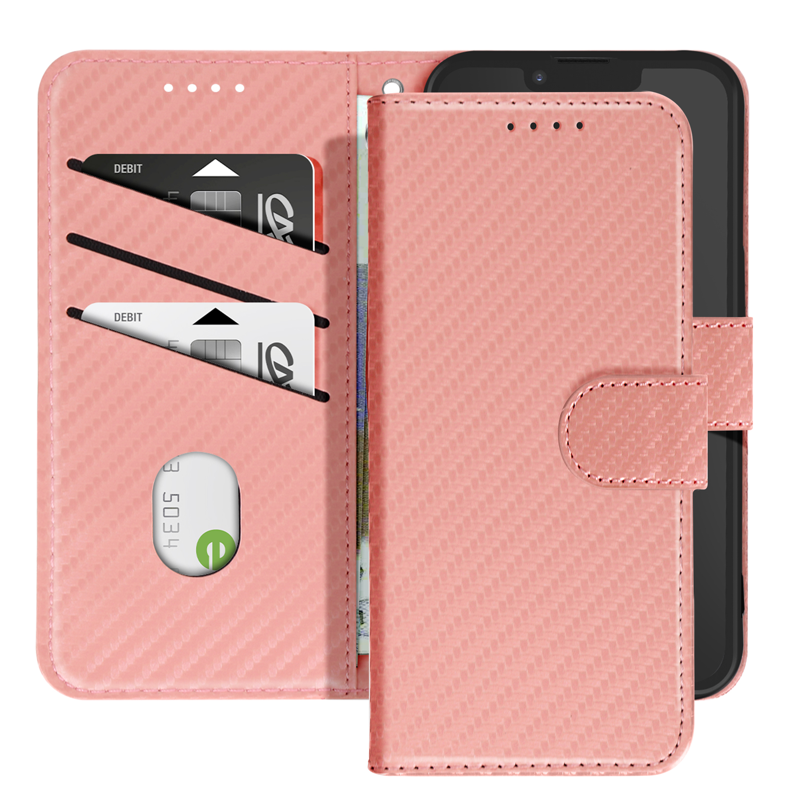 Una custodia a portafoglio rosa per telefono, aperta, che mostra carte e un telefono. La custodia ha una superficie strutturata e una chiusura.