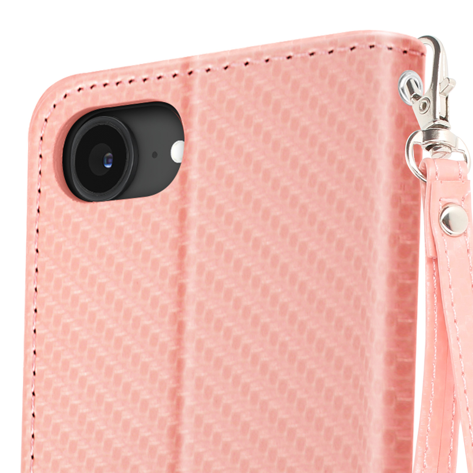 Primo piano di una custodia rosa per telefono con cinturino. La custodia ha un foro per la fotocamera e una superficie strutturata.