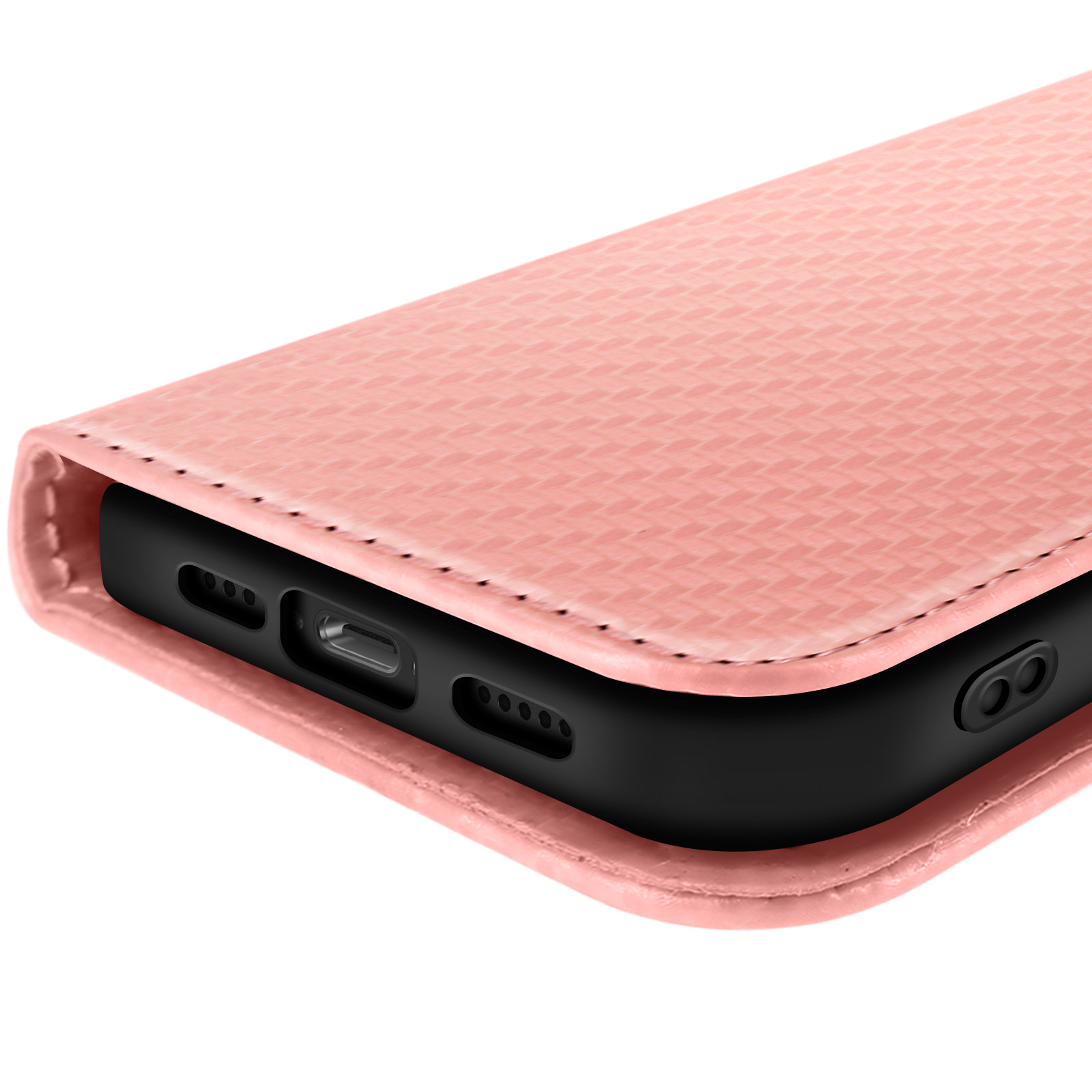 Primo piano di una custodia rosa per telefono. La custodia ha un motivo strutturato. Il telefono è nero.