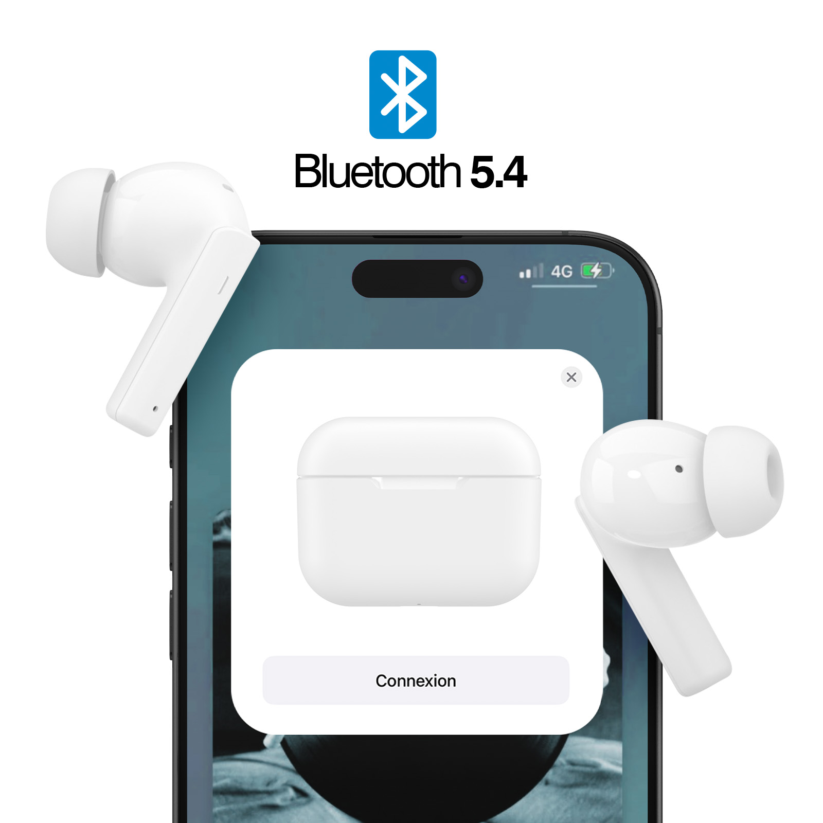 Weiße Ohrhörer, ein Telefon mit einem Pairing-Bildschirm und einem Bluetooth 5.4 Logo.