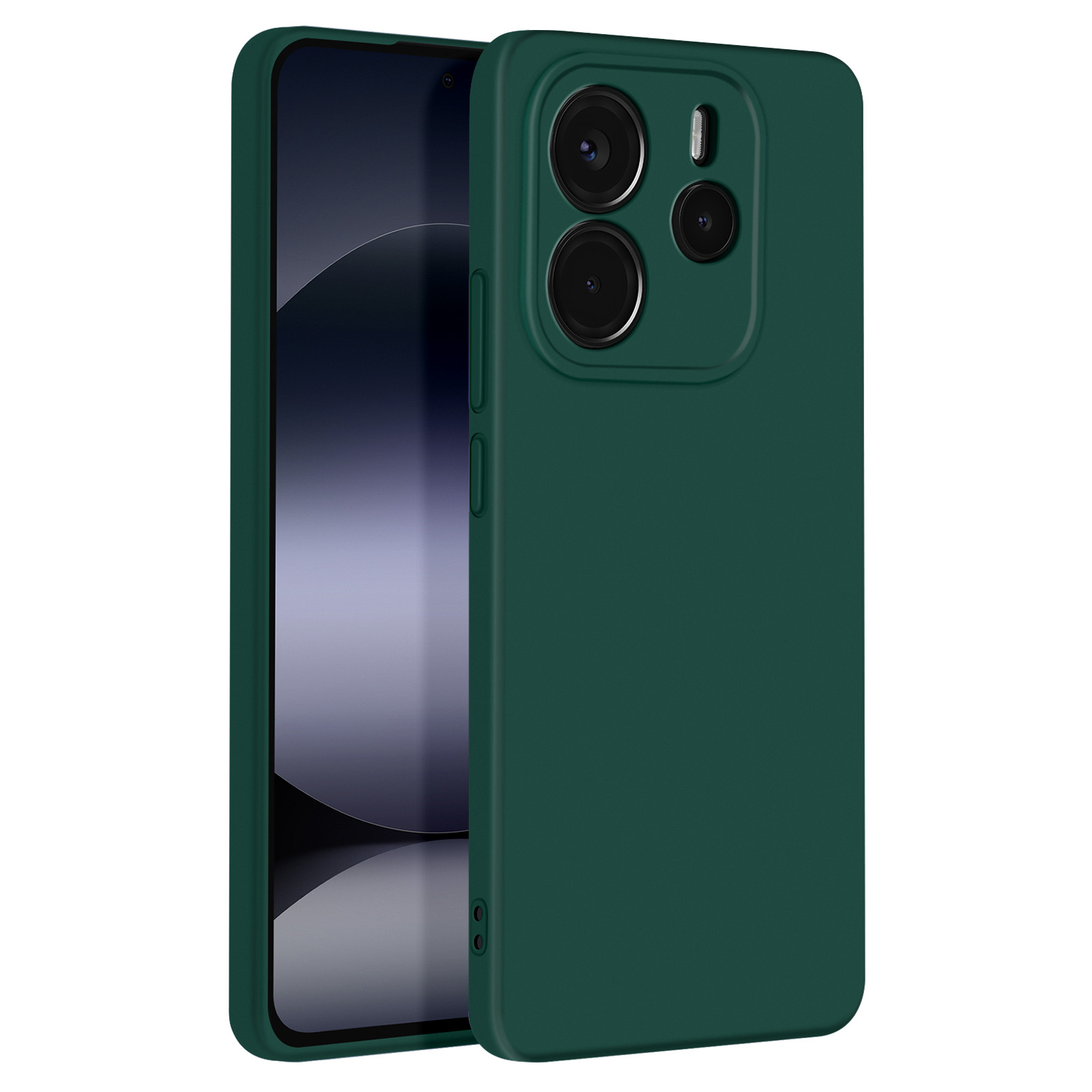 Custodia per telefono verde scuro con telefono dentro, mostra la sezione della fotocamera.