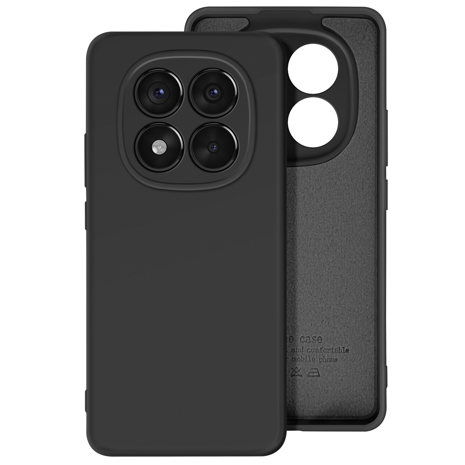 Custodia per telefono nera con quattro ritagli per la fotocamera. Parte posteriore della custodia, con una fodera scura.