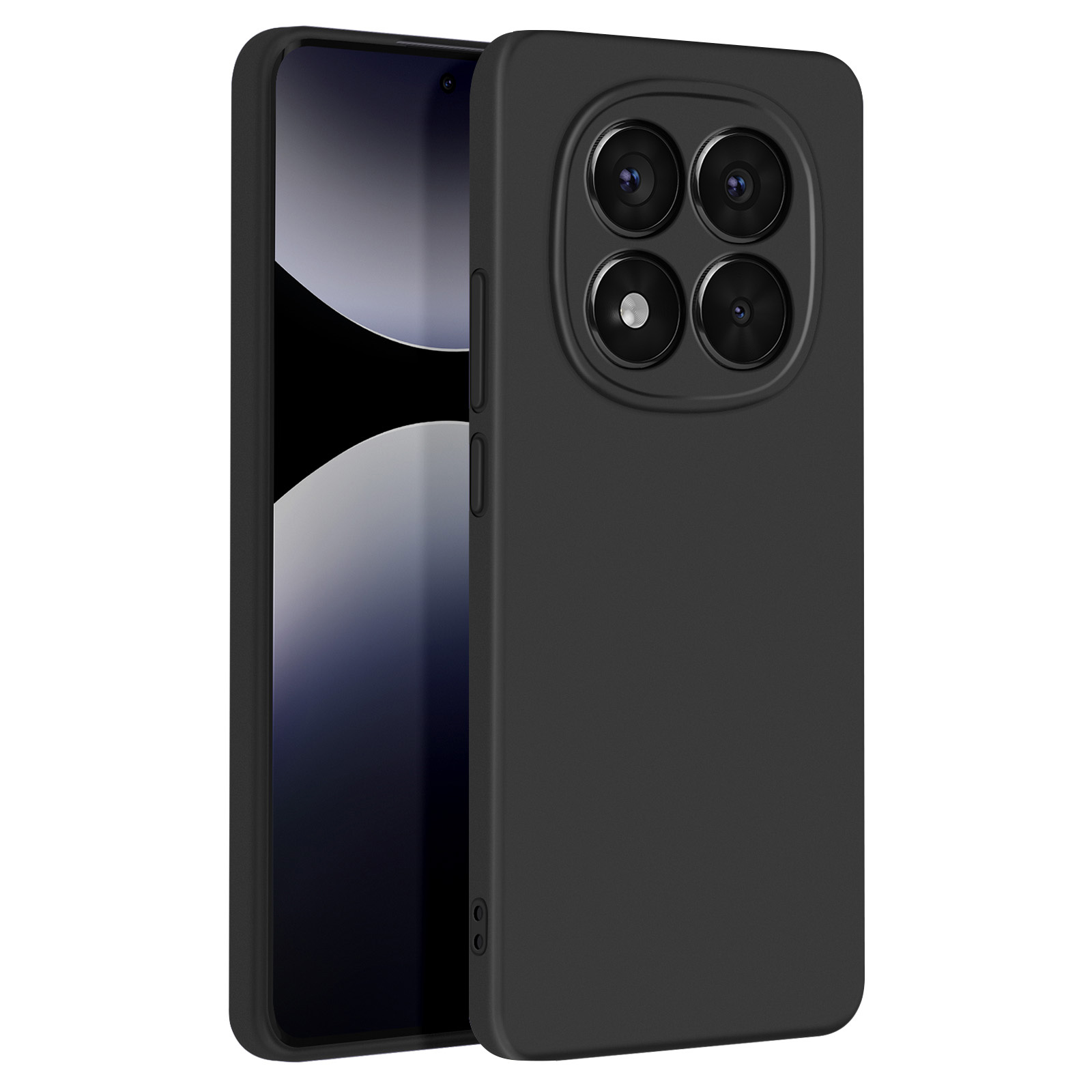 Custodia per telefono nera con quattro ritagli per la fotocamera. Il telefono è all'interno della custodia.
