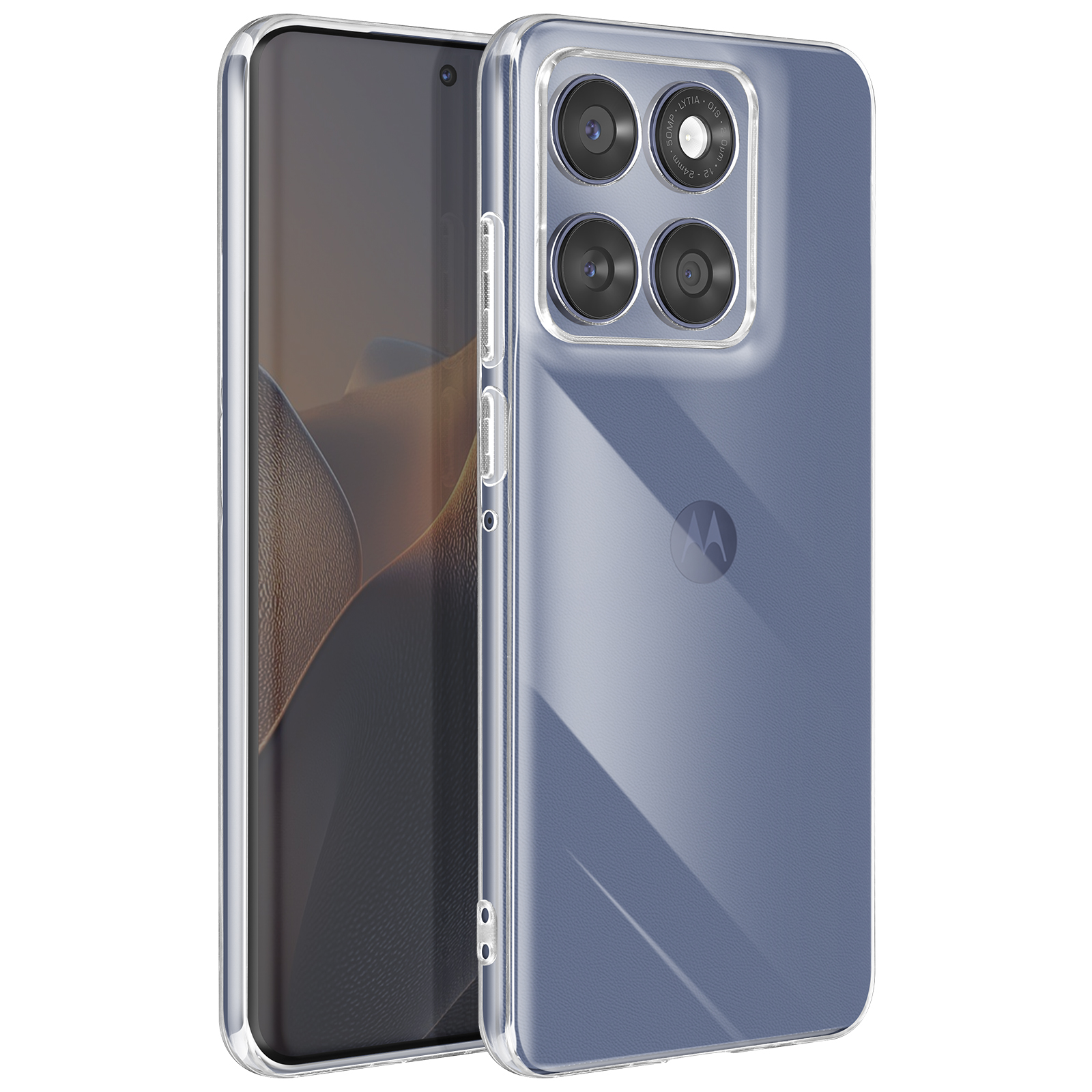 Transparante telefoonhoes met telefoon erin, toont het cameragedeelte.