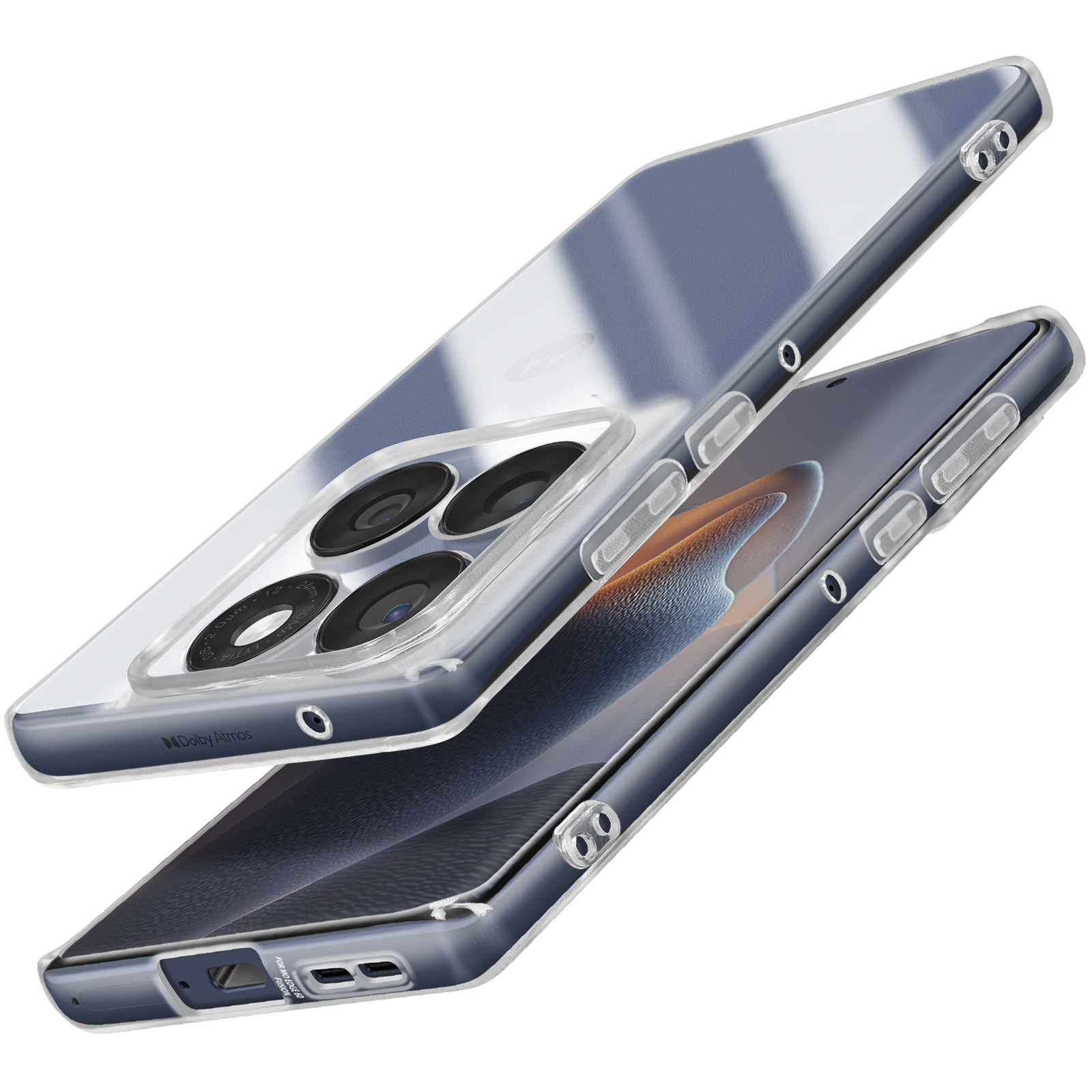 Transparante telefoonhoes met een telefoon erin, met de camera en volumeknoppen, op een witte achtergrond.