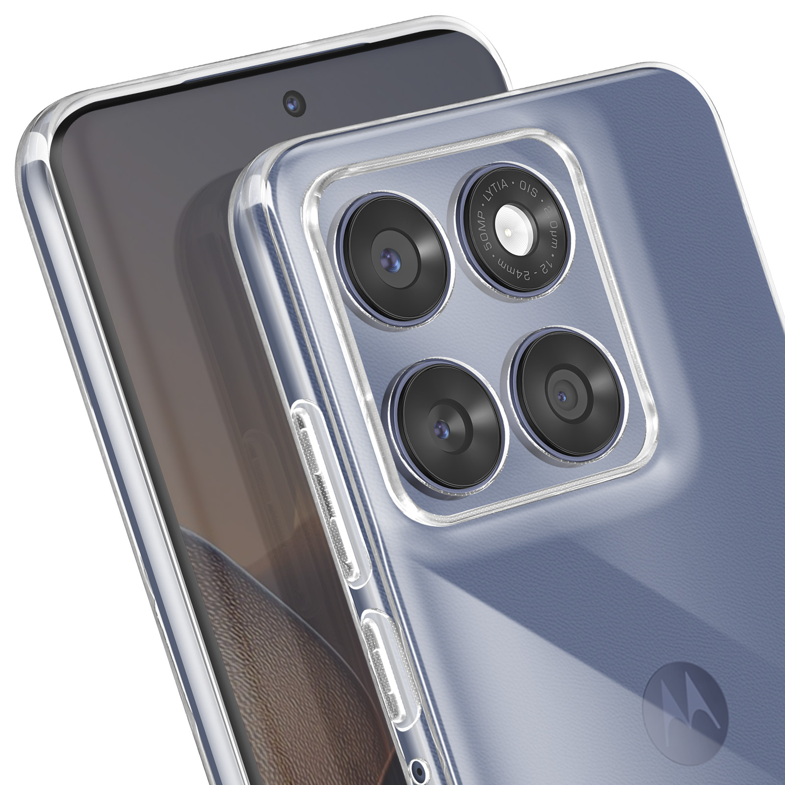 Transparante telefoonhoes met telefoon erin, toont de camera en lenzen.