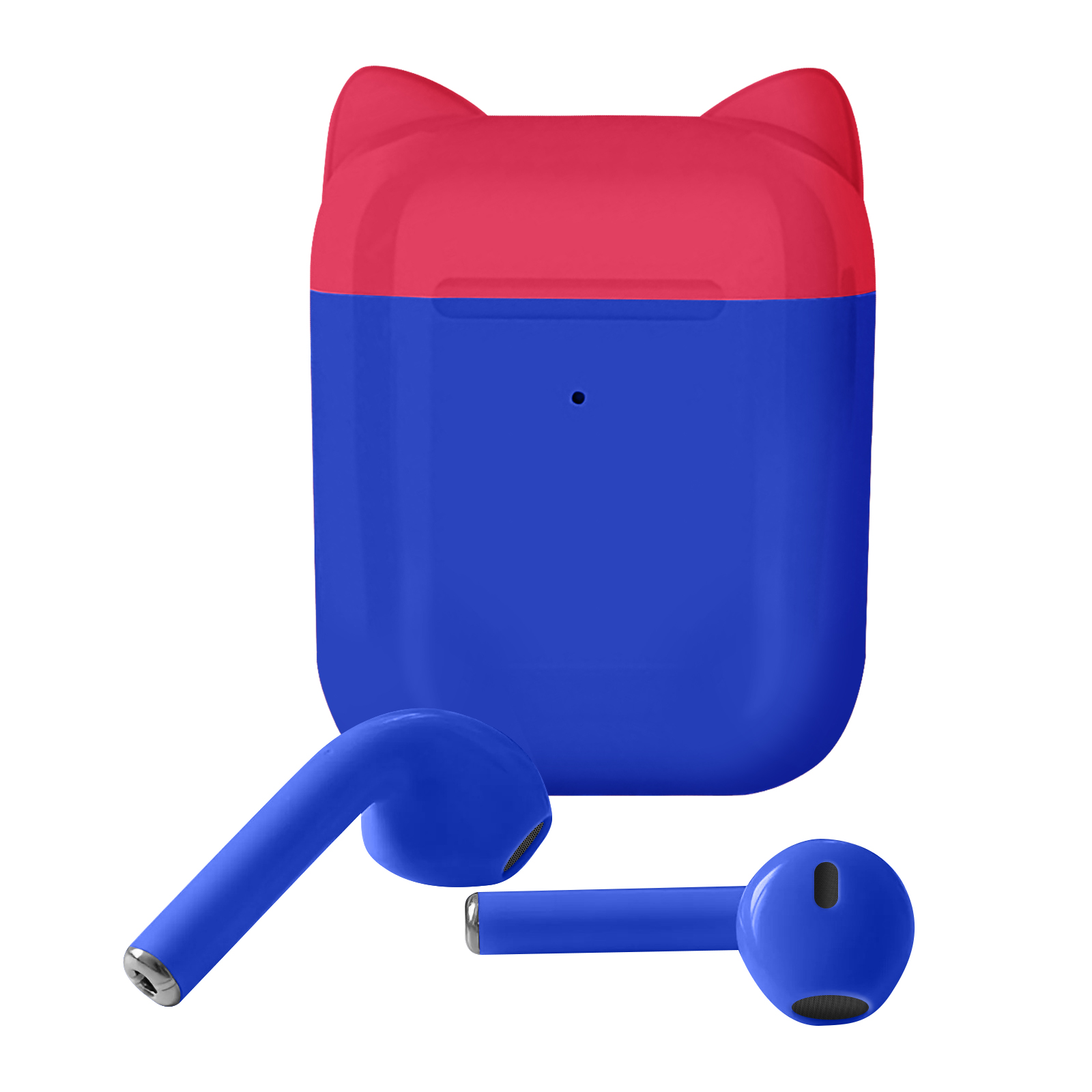 Blaues und rotes Katzenohrförmiges Kopfhörer-Etui mit zwei blauen Kopfhörern.