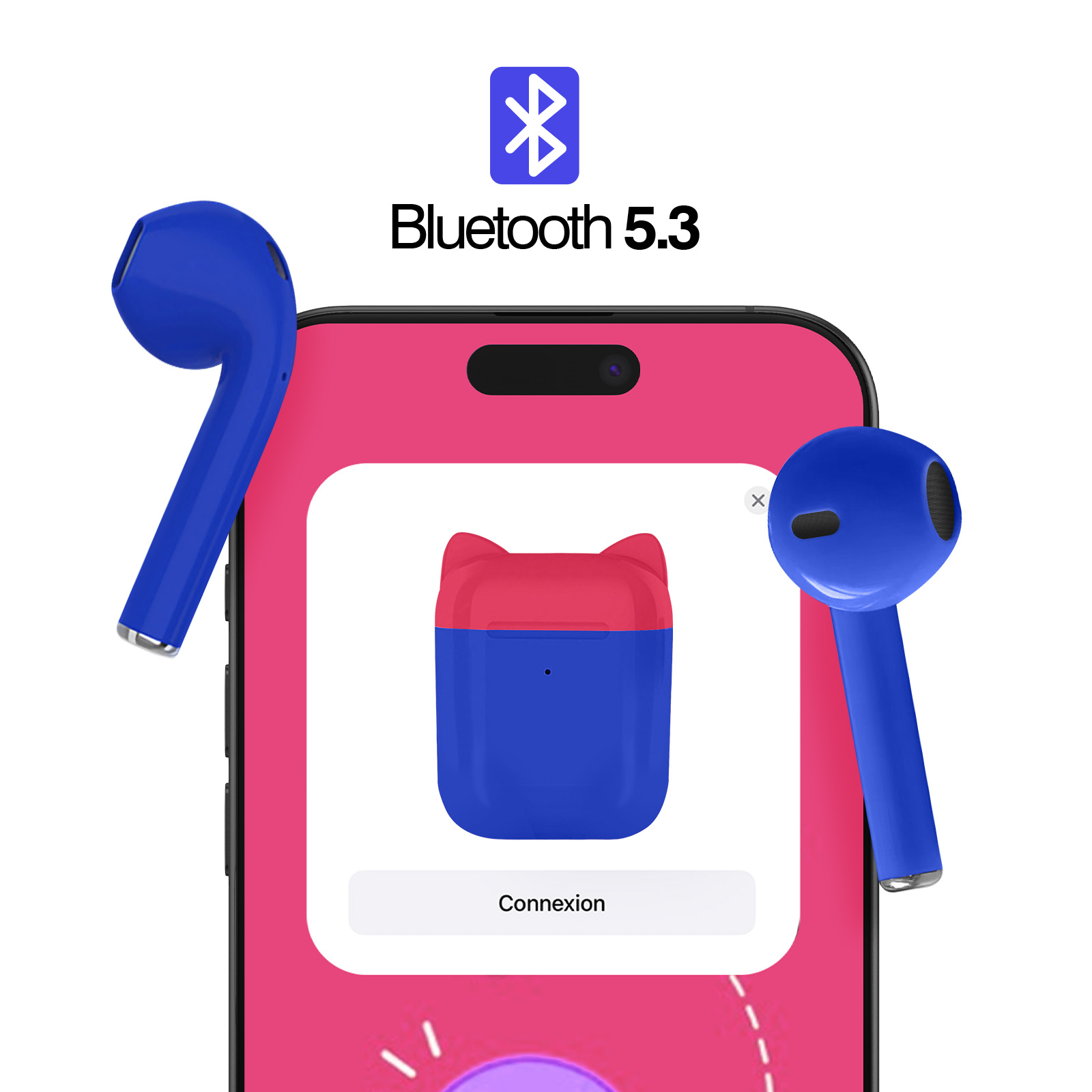 Pinkes Telefon mit blauen Bluetooth-Ohrhörern und einem Cartoon-Katzenbild.