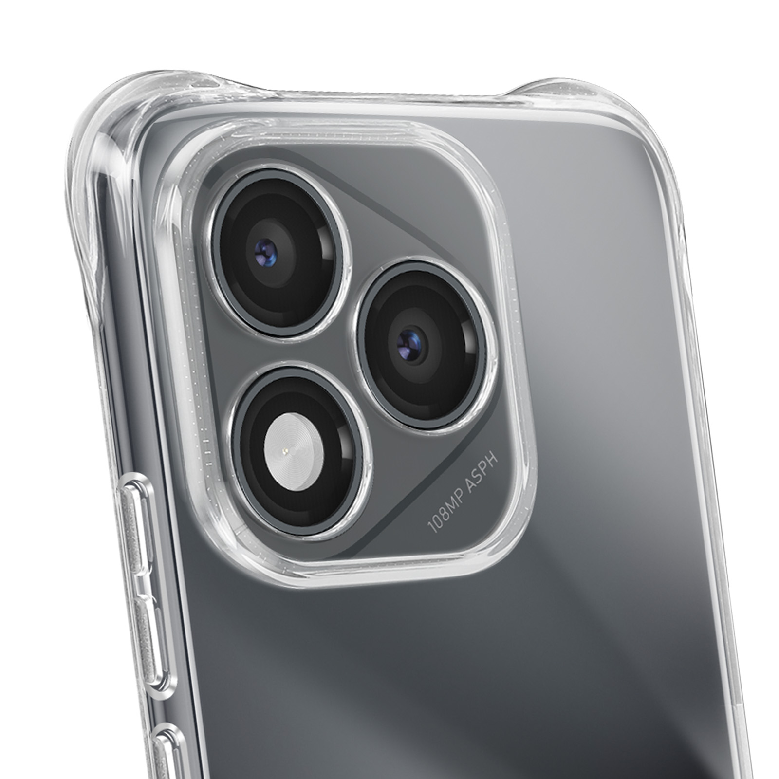 Close-up van een doorzichtige telefoonhoes met drievoudige cameralenzen. De hoes zit op een grijze telefoon.