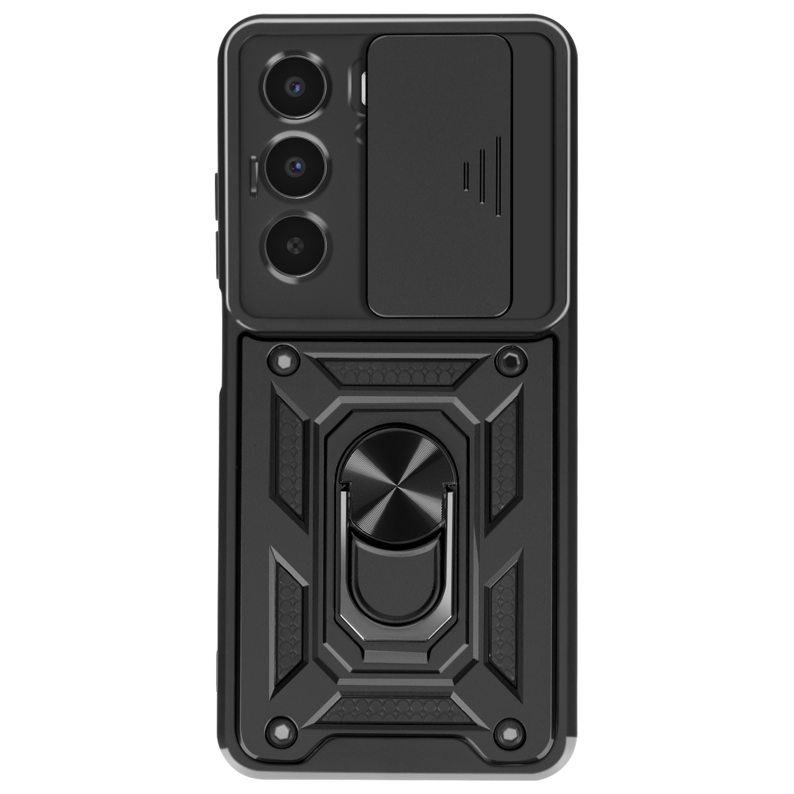 Una custodia nera per telefono con copertura per fotocamera e anello di supporto. La custodia ha un design robusto.