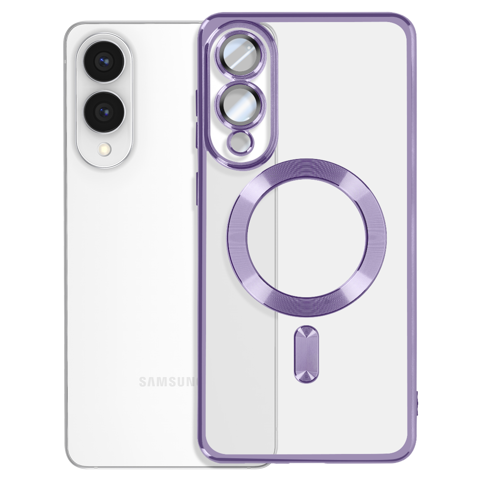 Telefono bianco con una custodia trasparente con dettagli viola e un anello magnetico circolare.
