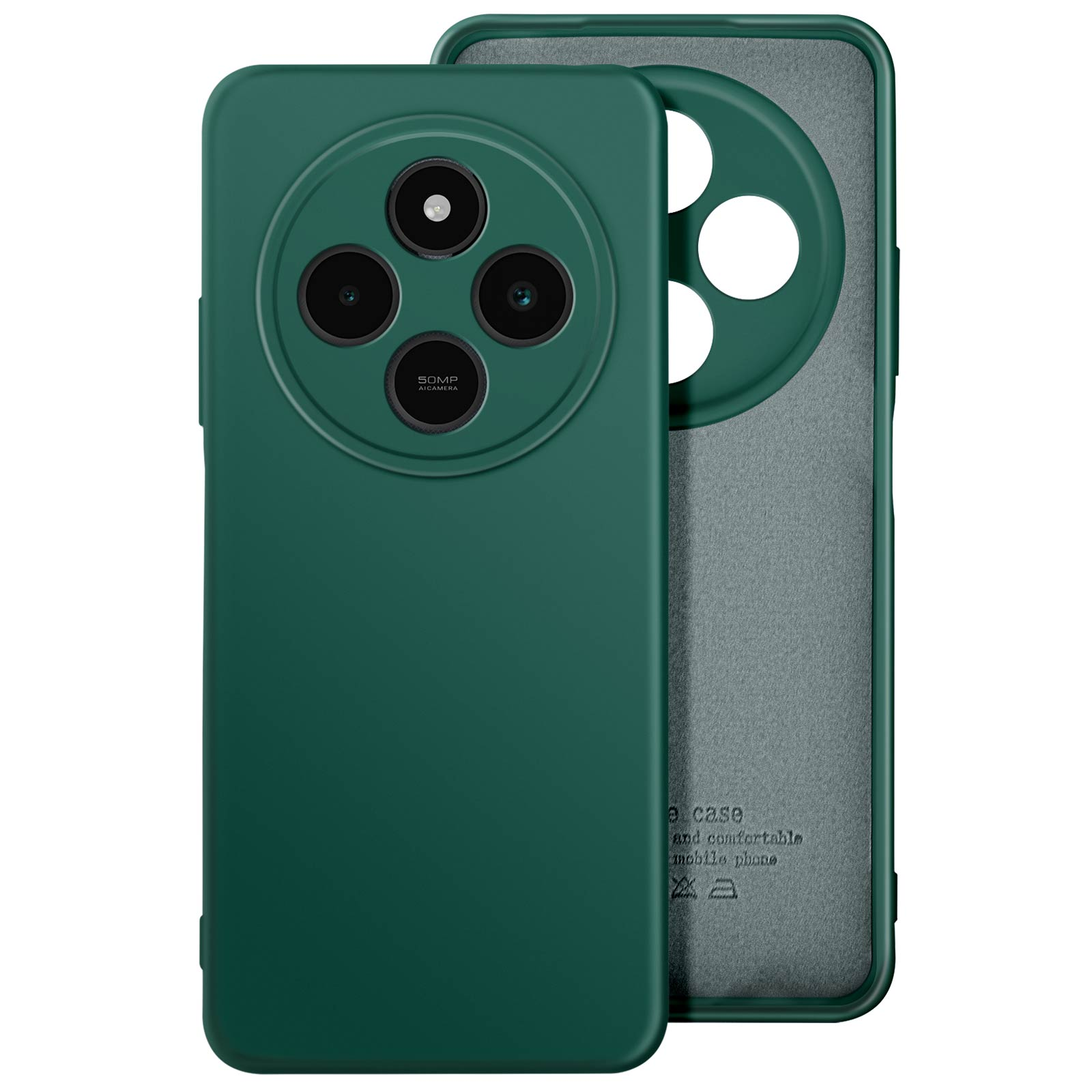 Custodia verde su un telefono, che mostra il modulo della fotocamera. Anche l'interno è grigio.