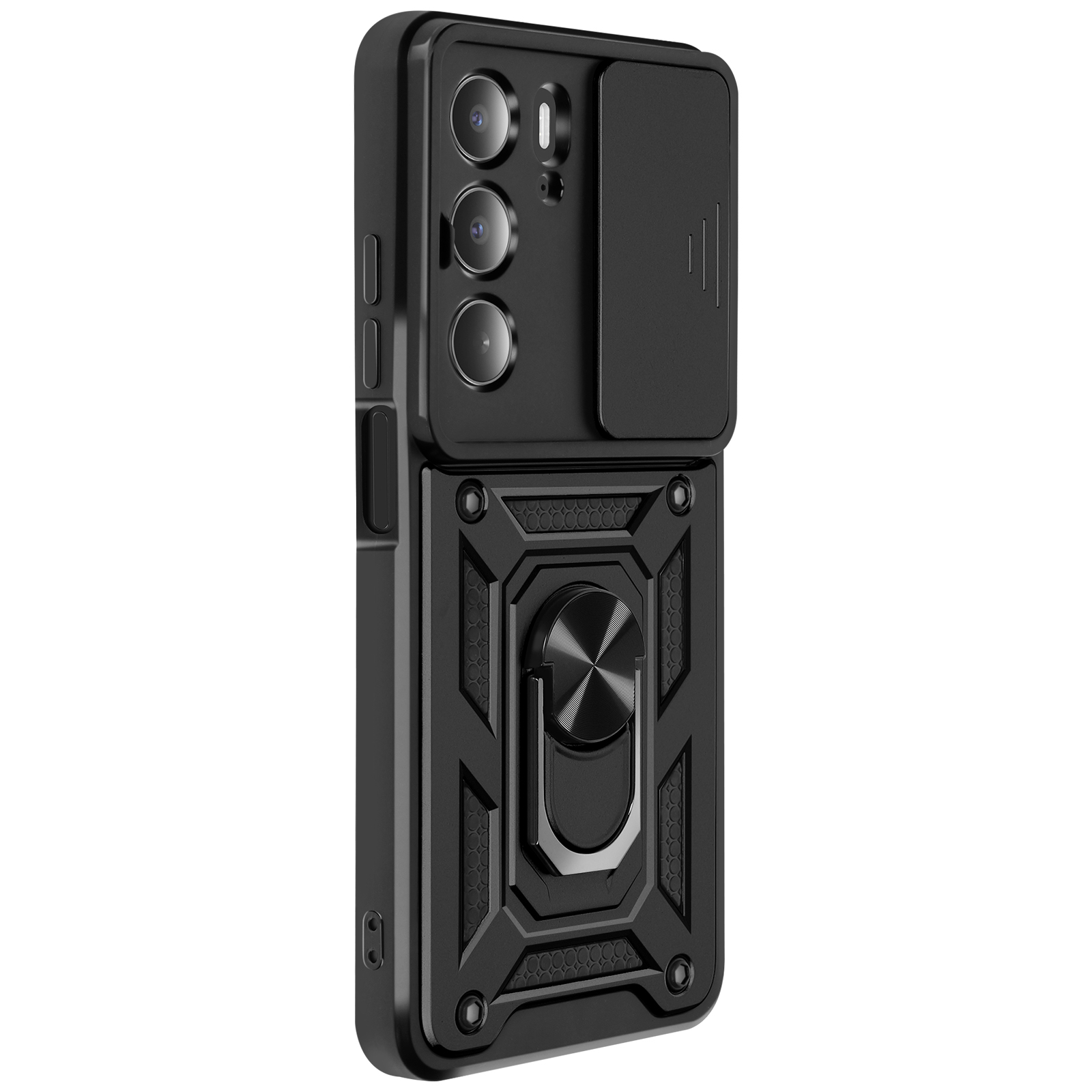 Custodia per telefono nera con copertura della fotocamera e supporto ad anello. Ha un design robusto.