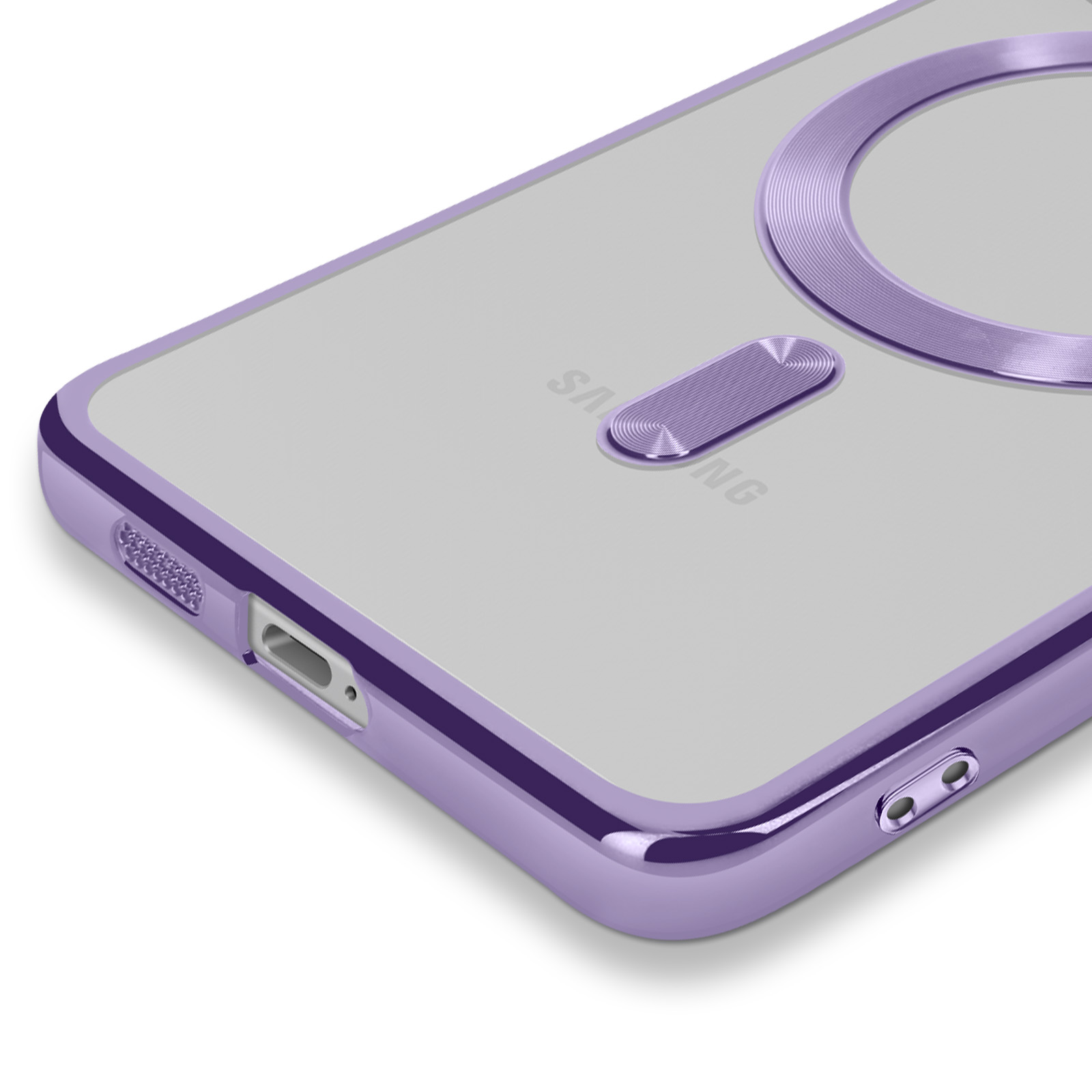 Una custodia per telefono viola con retro trasparente e un anello viola per la fotocamera.