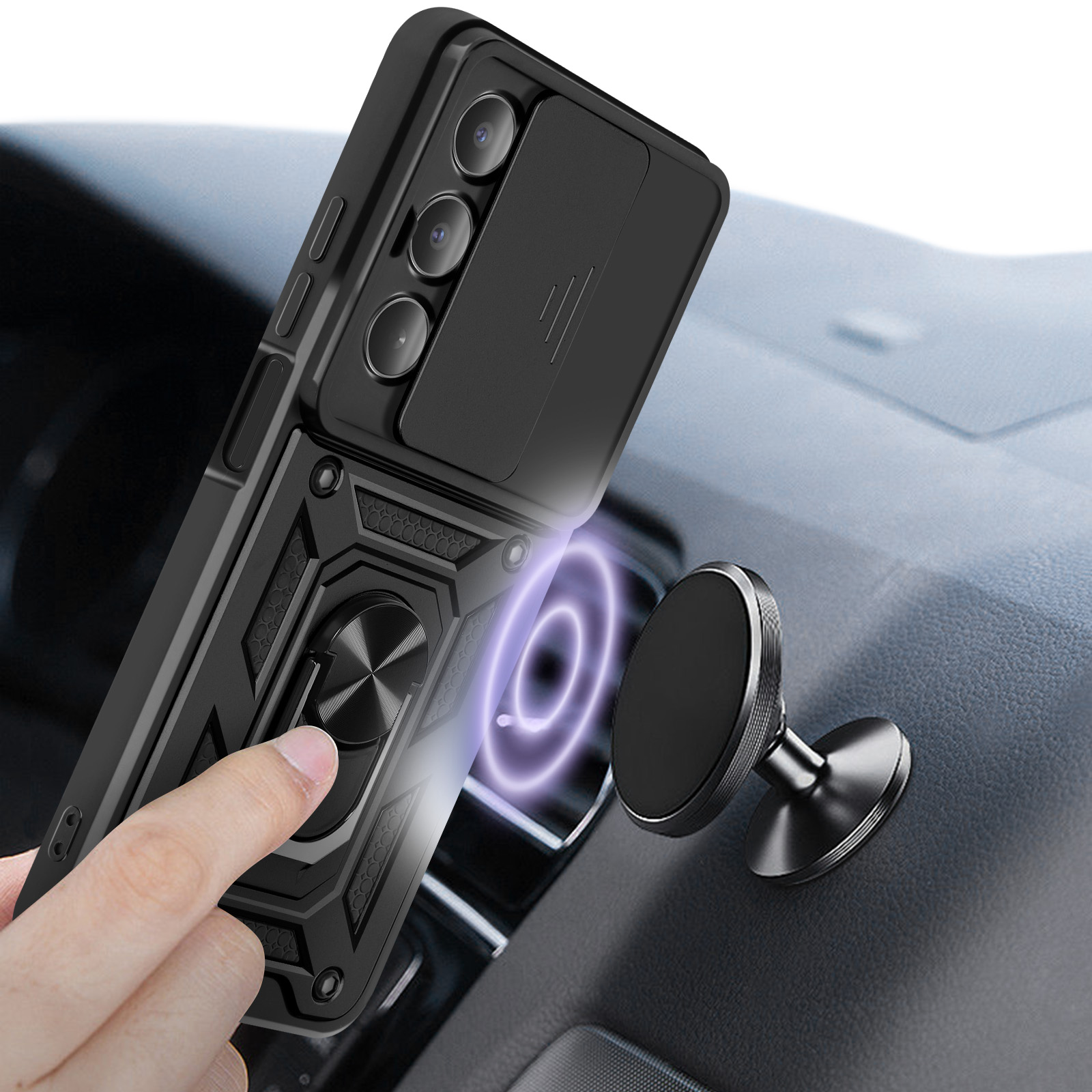 Custodia nera su cruscotto, con supporto magnetico e dito sull'anello.