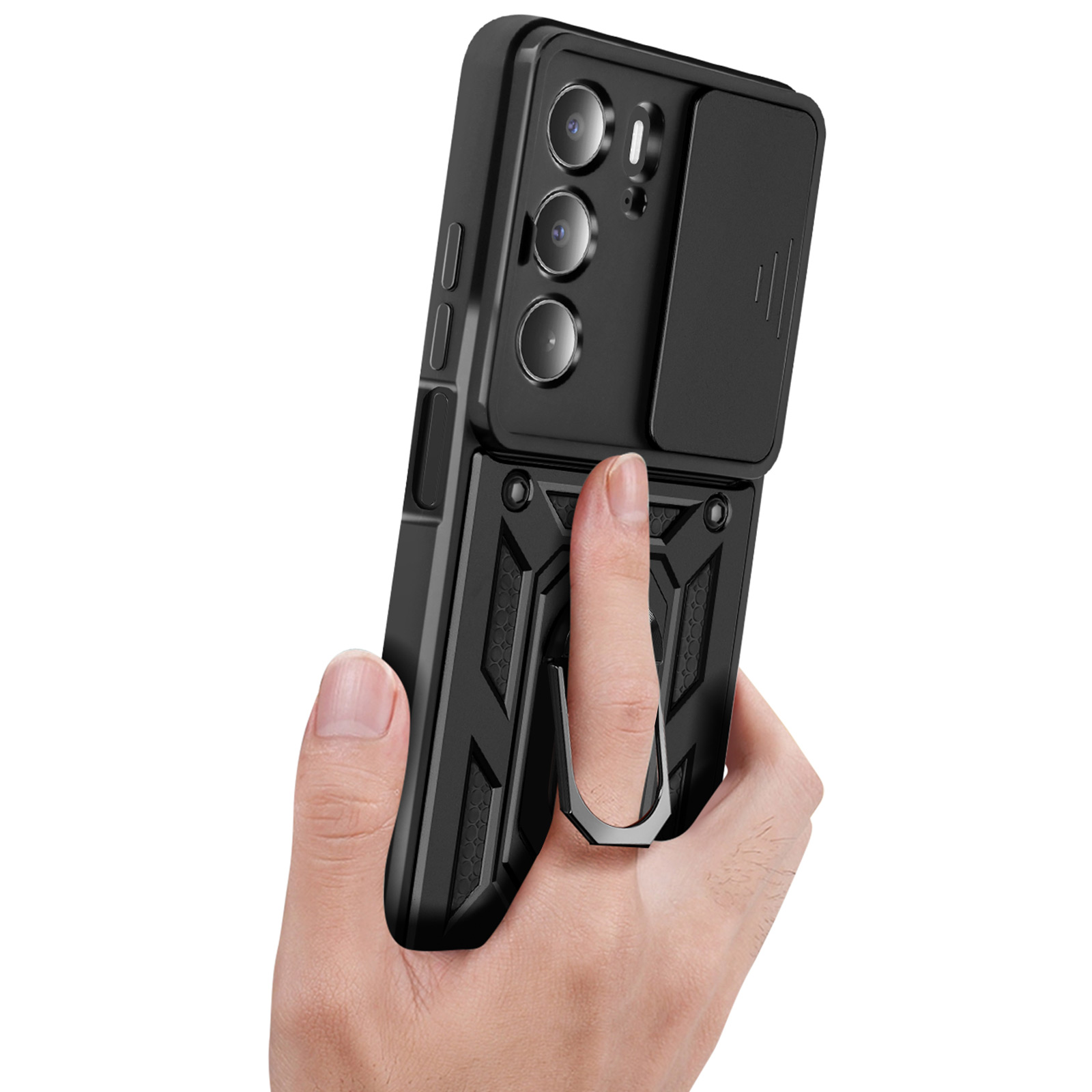 Un telefono nero con copertura per fotocamera e anello di supporto. Una mano tiene il telefono.