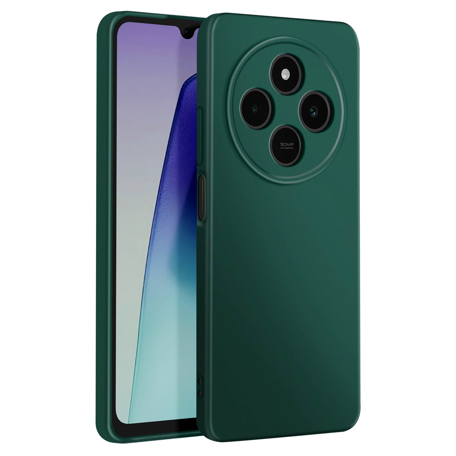 Una custodia verde per telefono con quattro obiettivi. È aperta per rivelare lo schermo del telefono.