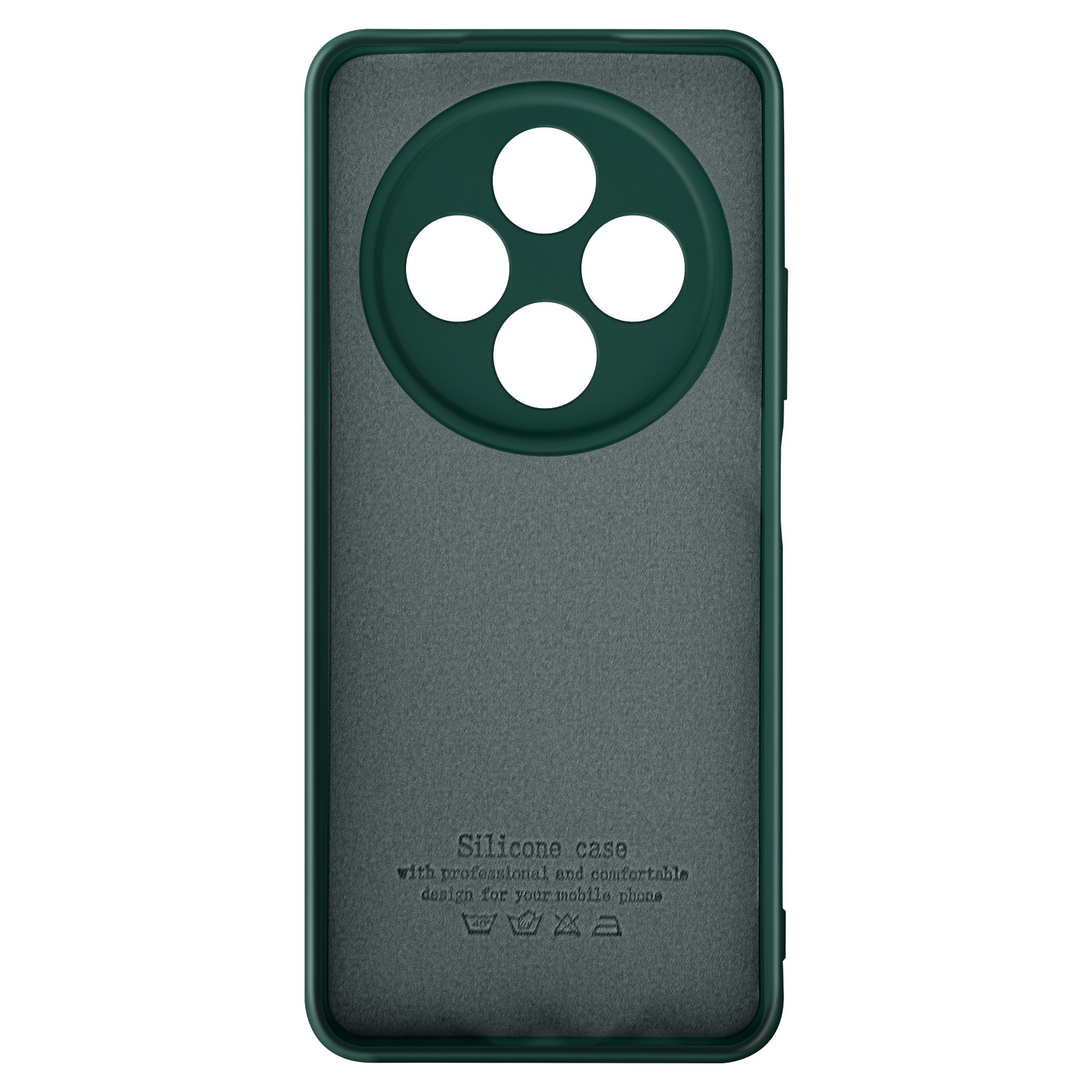 Interno di una custodia verde per telefono. Ha quattro fori per la fotocamera e la scritta 'Silicone case'.