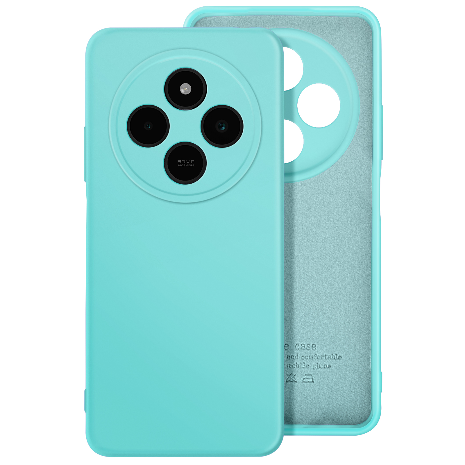 Una custodia turchese per telefono, aperta, che rivela un interno azzurro. La custodia ha quattro fori per la fotocamera.