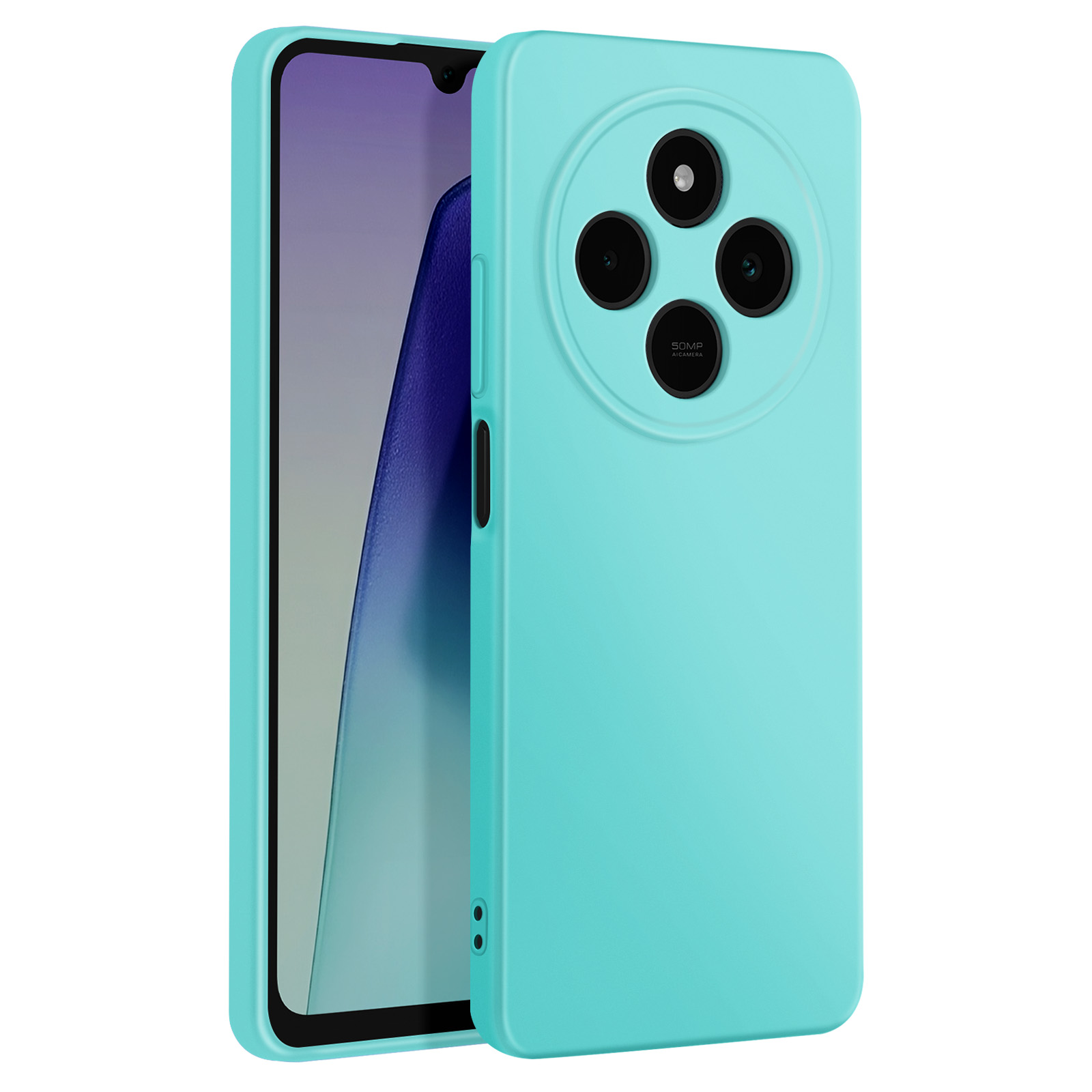 Custodia turchese con tre fotocamere, che copre parzialmente lo schermo del telefono.