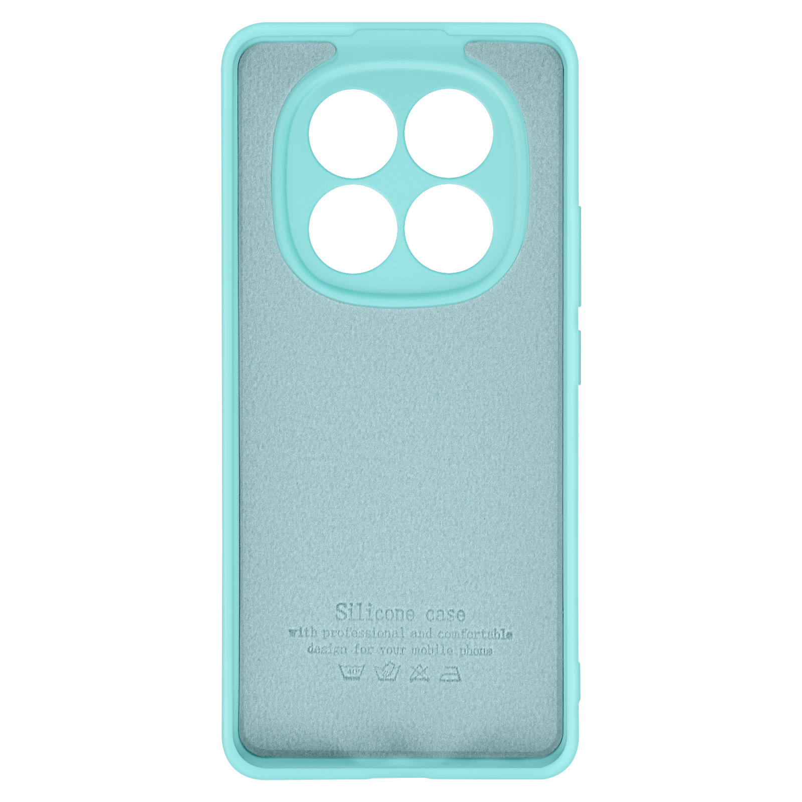 Interno di custodia turchese, con quattro fori per fotocamere e testo 'Silicone case'.