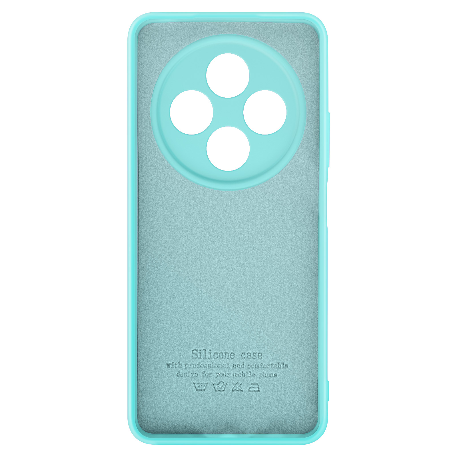 Custodia in silicone azzurro, interno grigio chiaro, con testo e quattro cerchi.