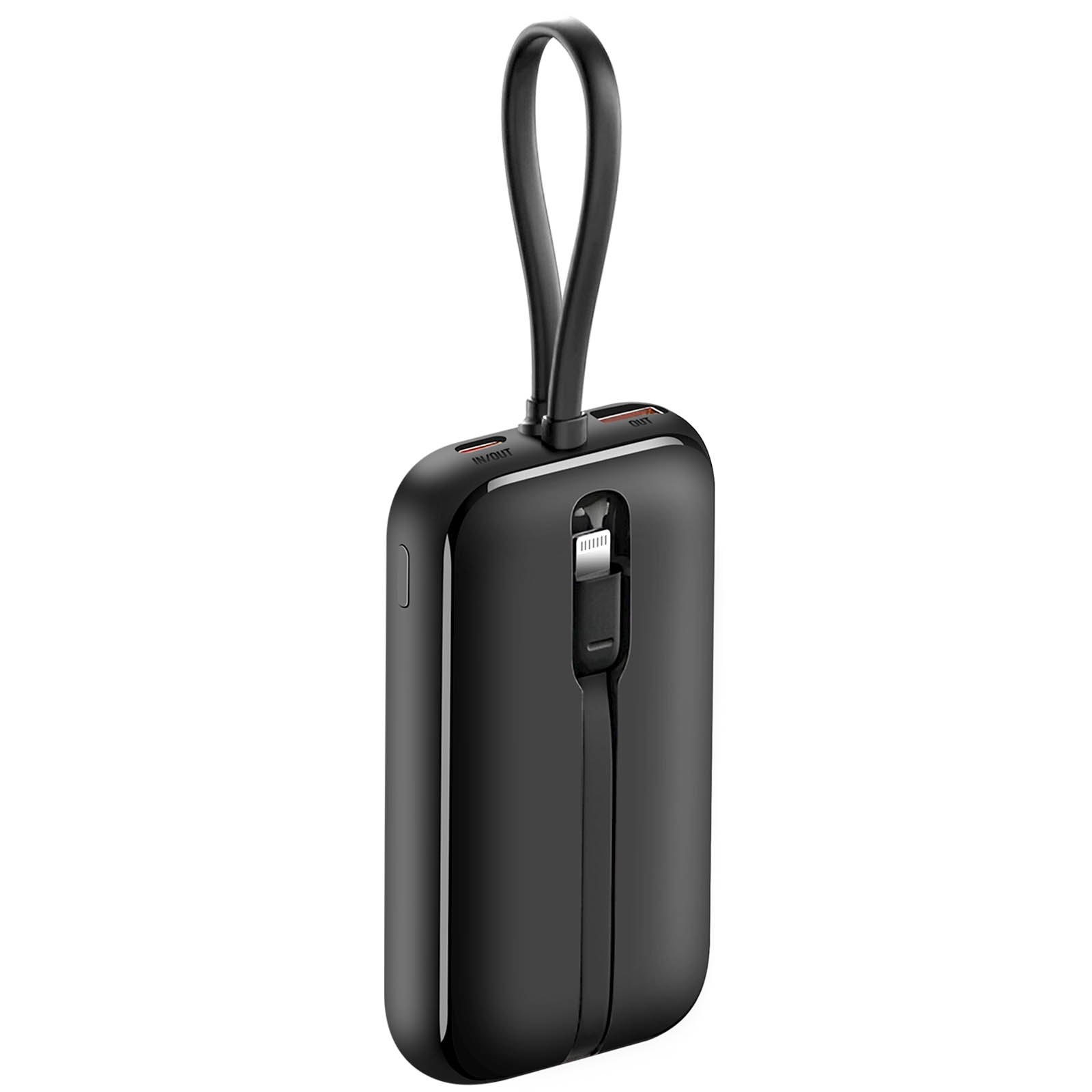 Schwarze Powerbank mit Schlaufe, Lightning-Kabel und Text 'IN/OUT'.