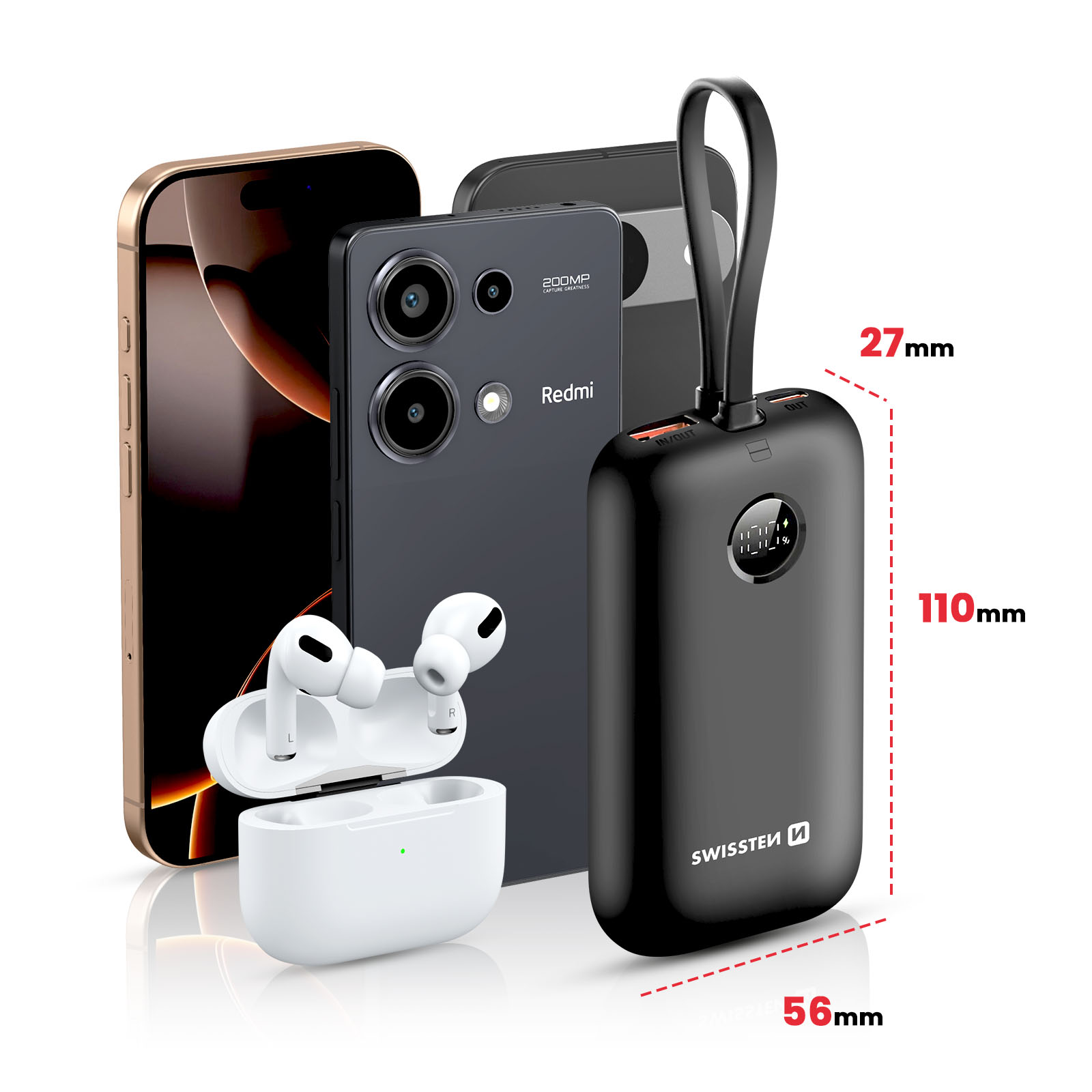 Smartphones, Ohrhörer und eine Powerbank. Die Powerbank hat ein Display. Abmessungen sind angegeben.